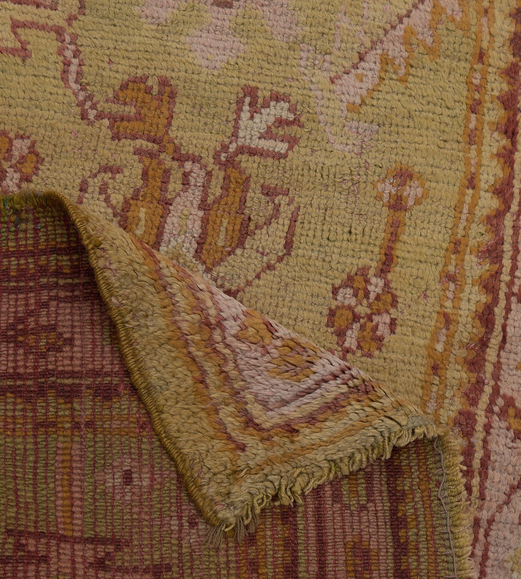 Traditional Antique Pistachio-Green and Pink Anatolian Oushak Runner For Sale 1