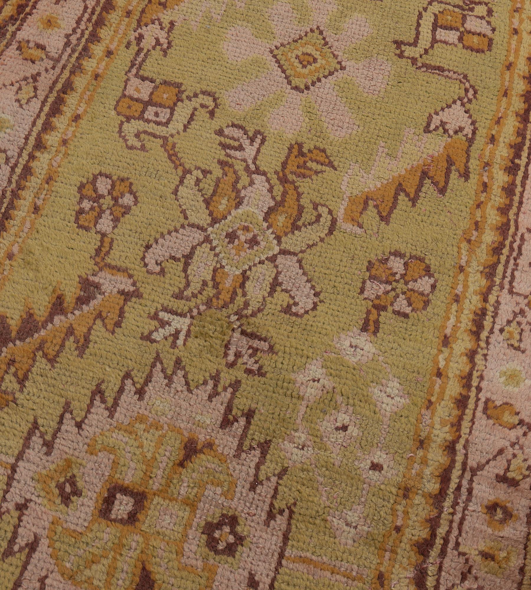 Traditional Antique Pistachio-Green and Pink Anatolian Oushak Runner For Sale 2