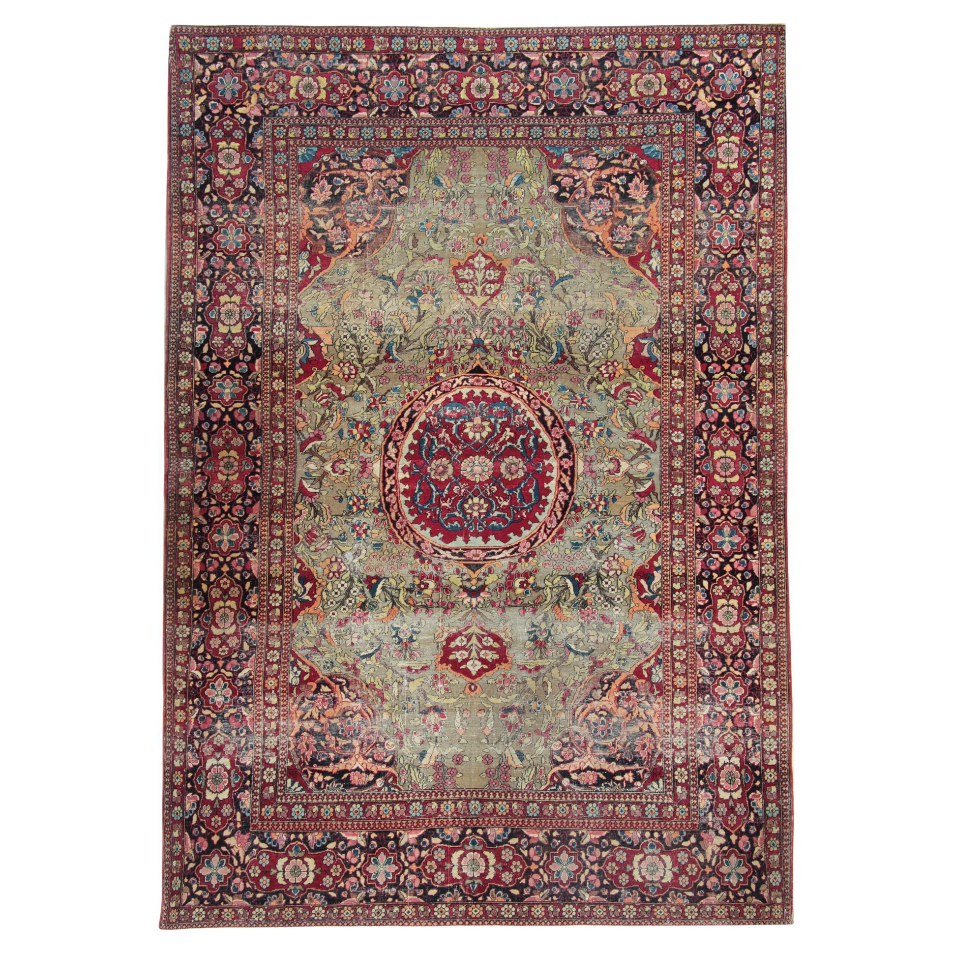 Tapis traditionnel ancien noué à la main, zone orientale, tapis en laine verte en vente