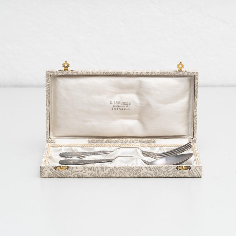 Mid-Century Modern Traditional Antique Silver Fork and Spoon in a Box, circa 1950 For Sale