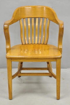 Traditional Antique Solid Golden Oak Wood Office Library Bankers Arm Chair