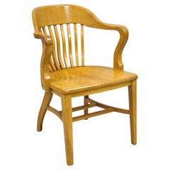 Traditional Antique Solid Golden Oak Wood Office Library Bankers Arm Chair