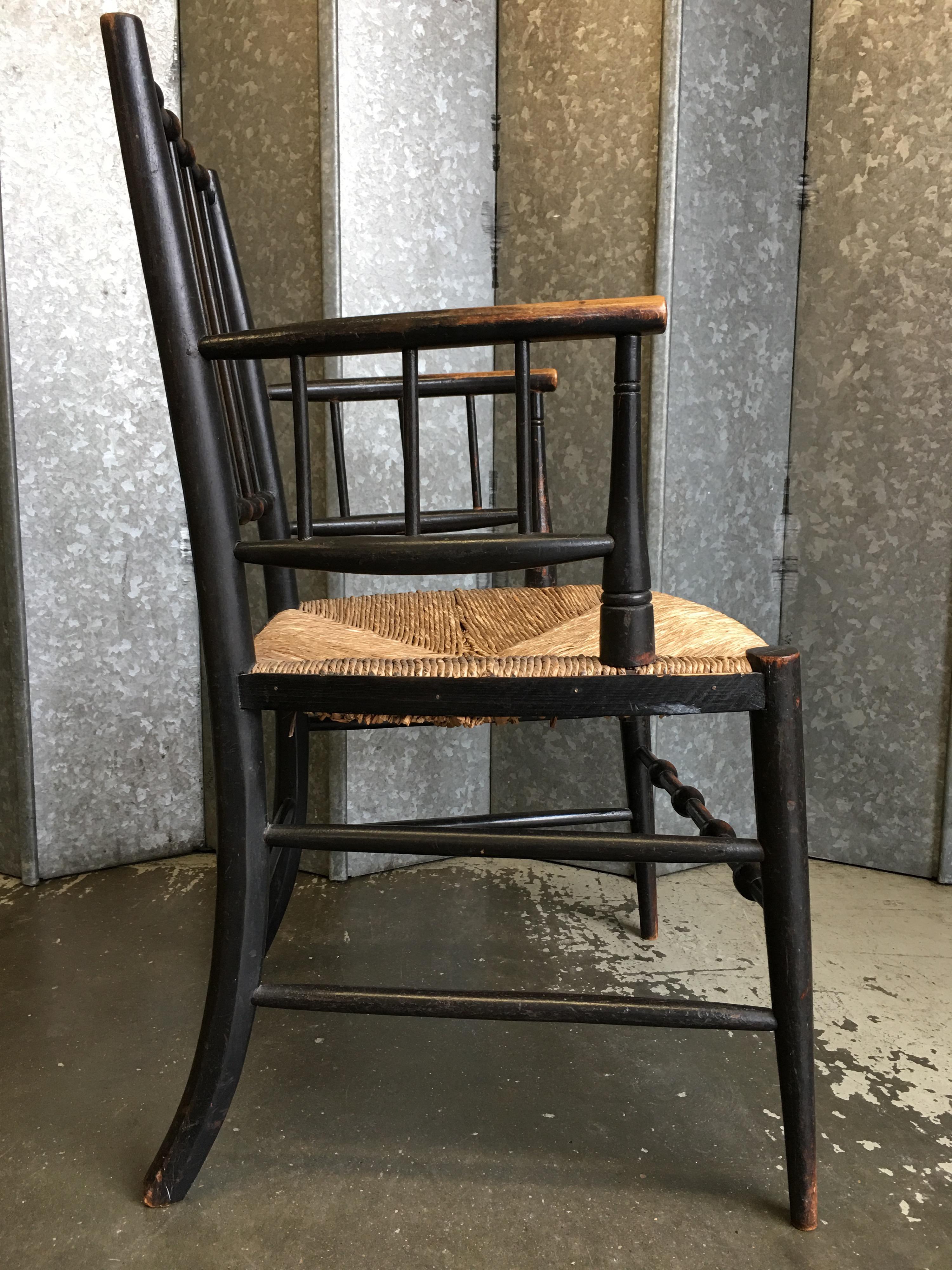 Hand-Crafted Traditional Antique Sussex Armchair in Ebonised Beech or Ash with Rush Seat For Sale