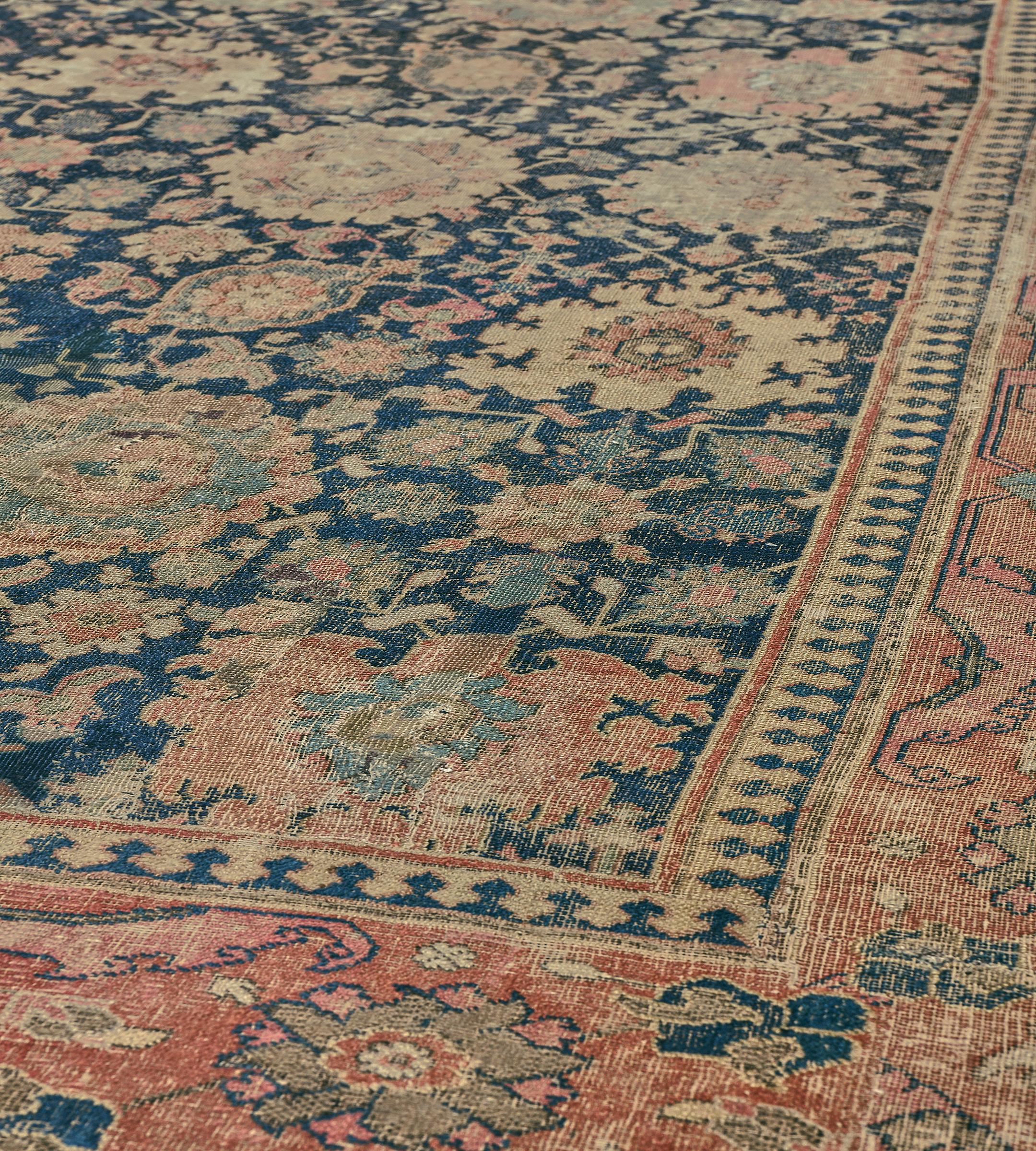 Alfombra persa Isfahan tradicional antigua de lana con vetas florales  13'2
