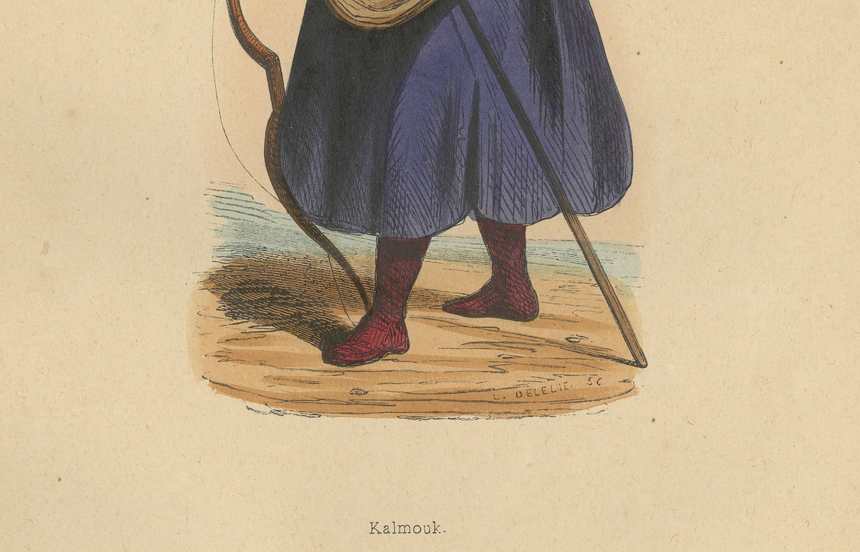 Traditional Archery and Infantry Gear: Kirghiz and Kalmouk Warriors in 1844

The two tribesmen depicted in the prints are from distinct ethnic groups:

1. Kirghiz - The individual labeled 