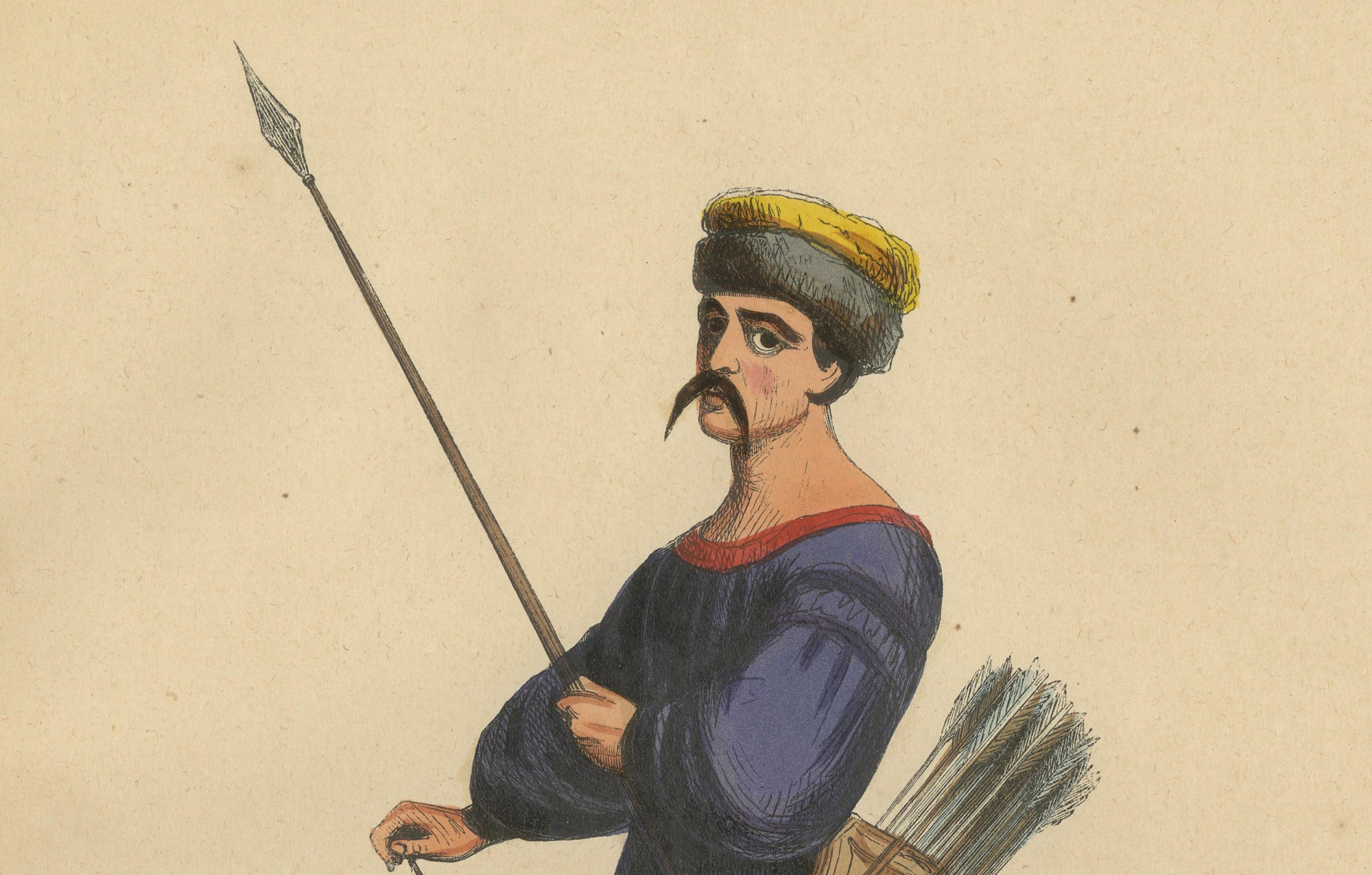 Traditional Archery and Infantry Gear: Kyrgyz and Kalmyk Warriors in 1844 In Good Condition For Sale In Langweer, NL