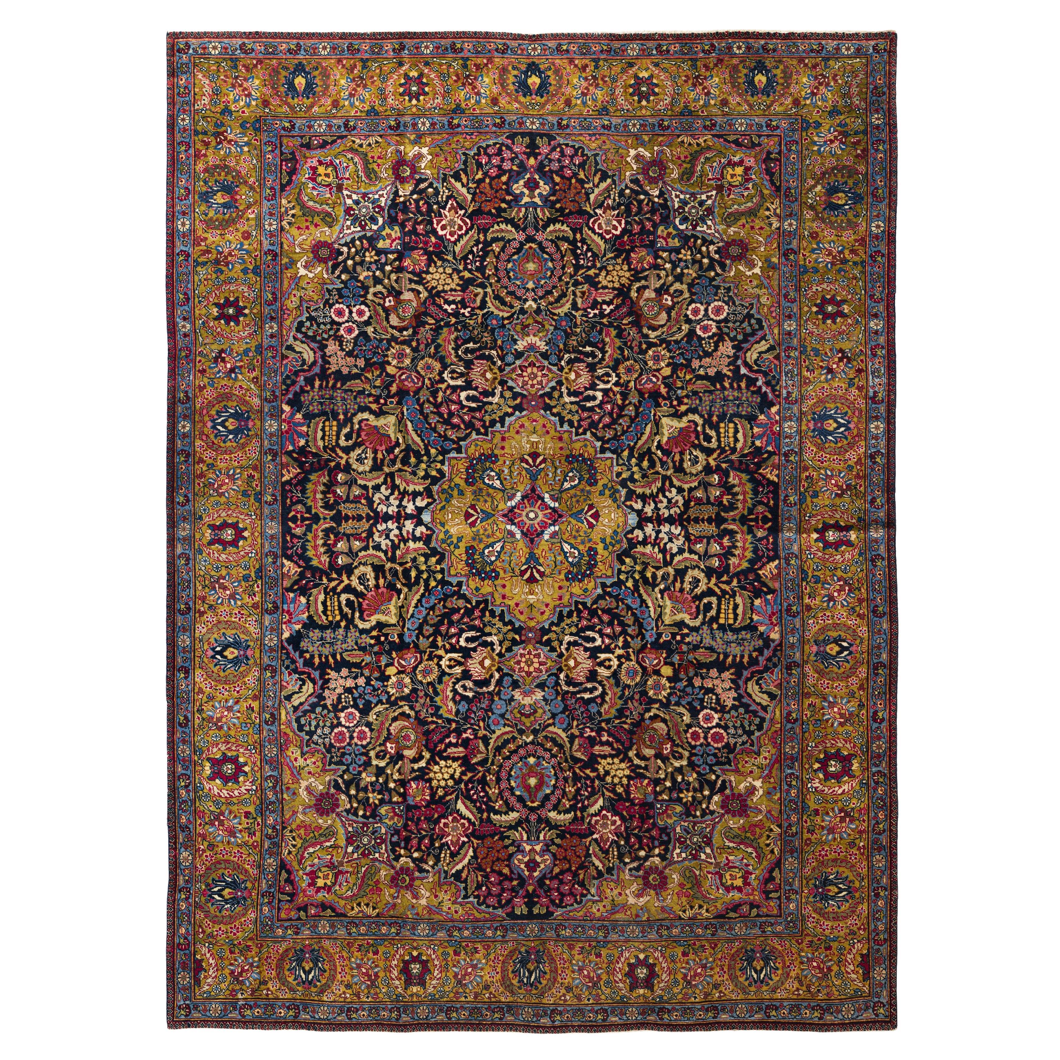 Traditional Area Rug 8 ft x 11 ft - Flower Motif - Gold Blue 
Pink