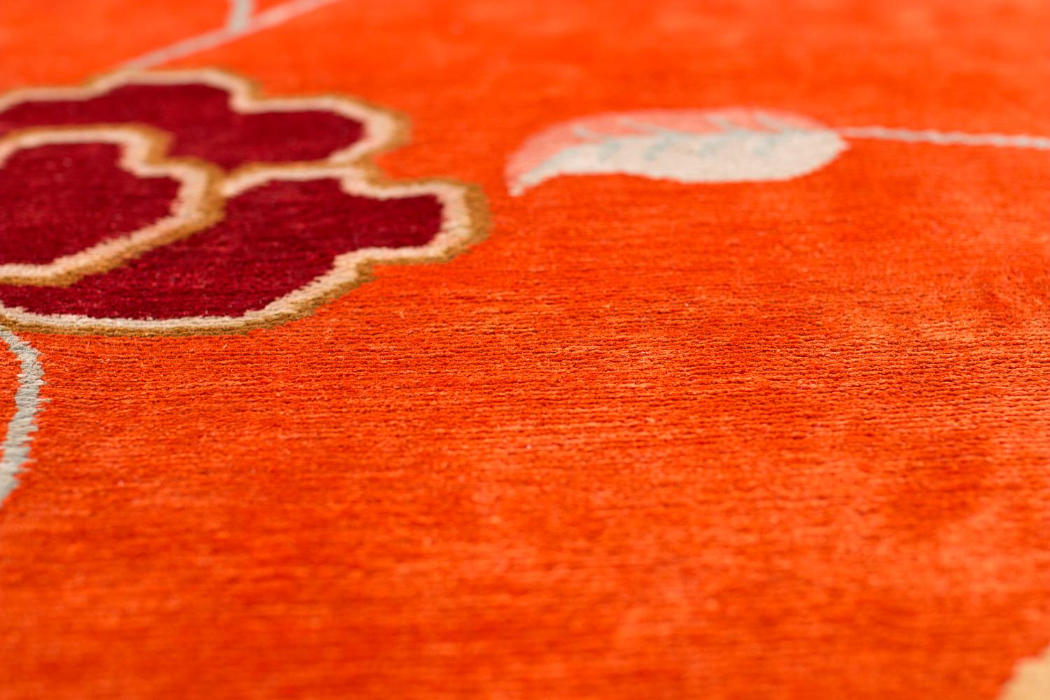 Tibetan Colorful Floral Asian Inspired Orange Silk Area Rug Kapsu Pesar by Joseph Carini For Sale