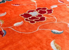 Colorful Floral Asian Inspired Orange Silk Area Rug Kapsu Pear by Joseph Carini