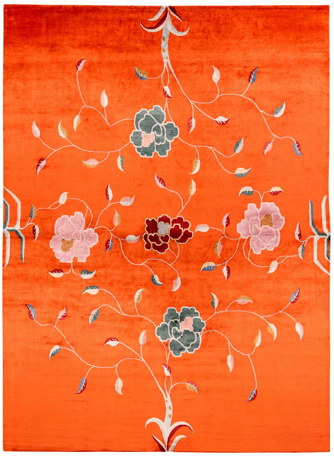 Nepalese Colorful Floral Asian Inspired Orange Silk Area Rug Kapsu Pesar by Joseph Carini For Sale