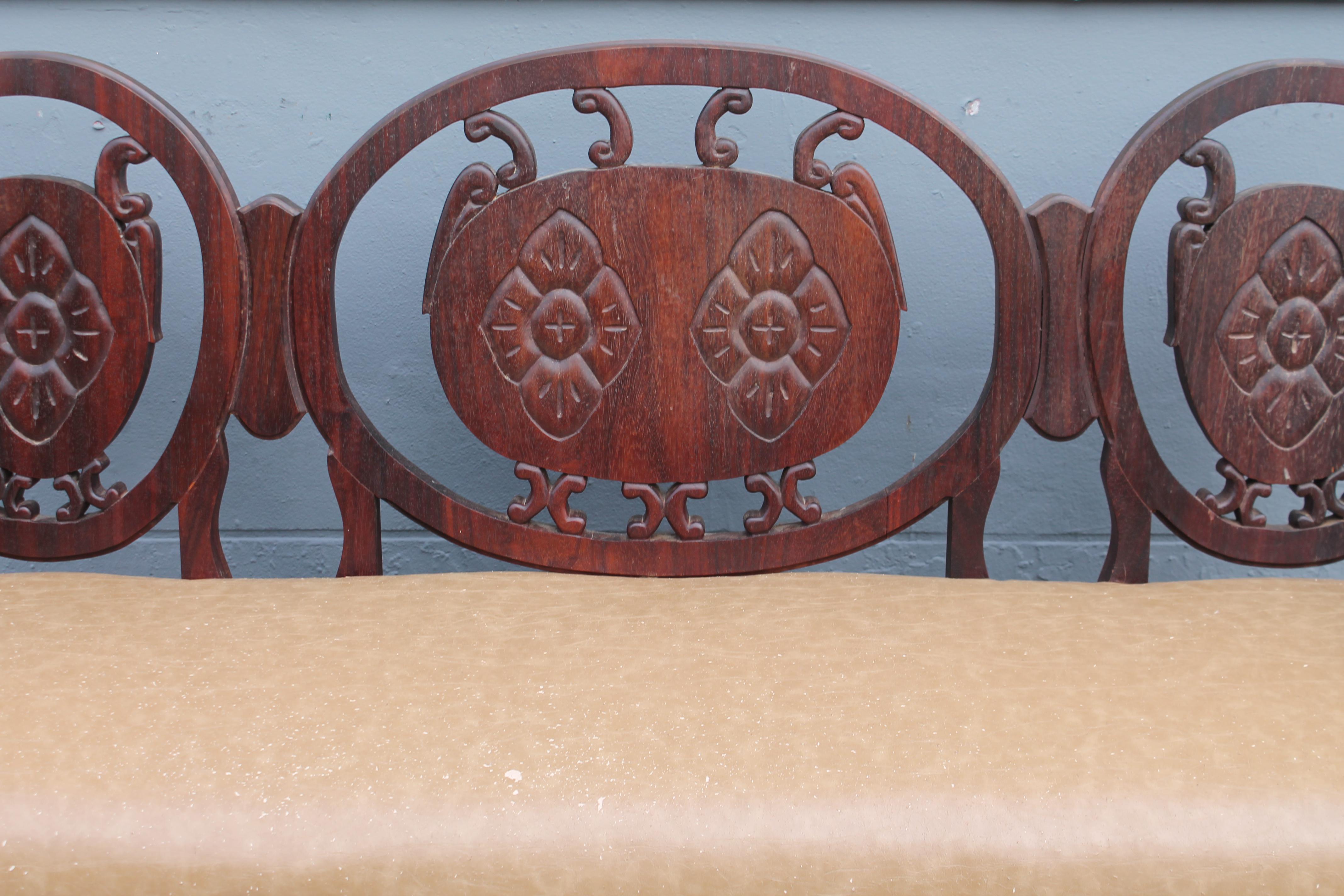 Traditional Asian Influenced Solid Dark Wood Carved Bench / Sofa 1940's For Sale 5