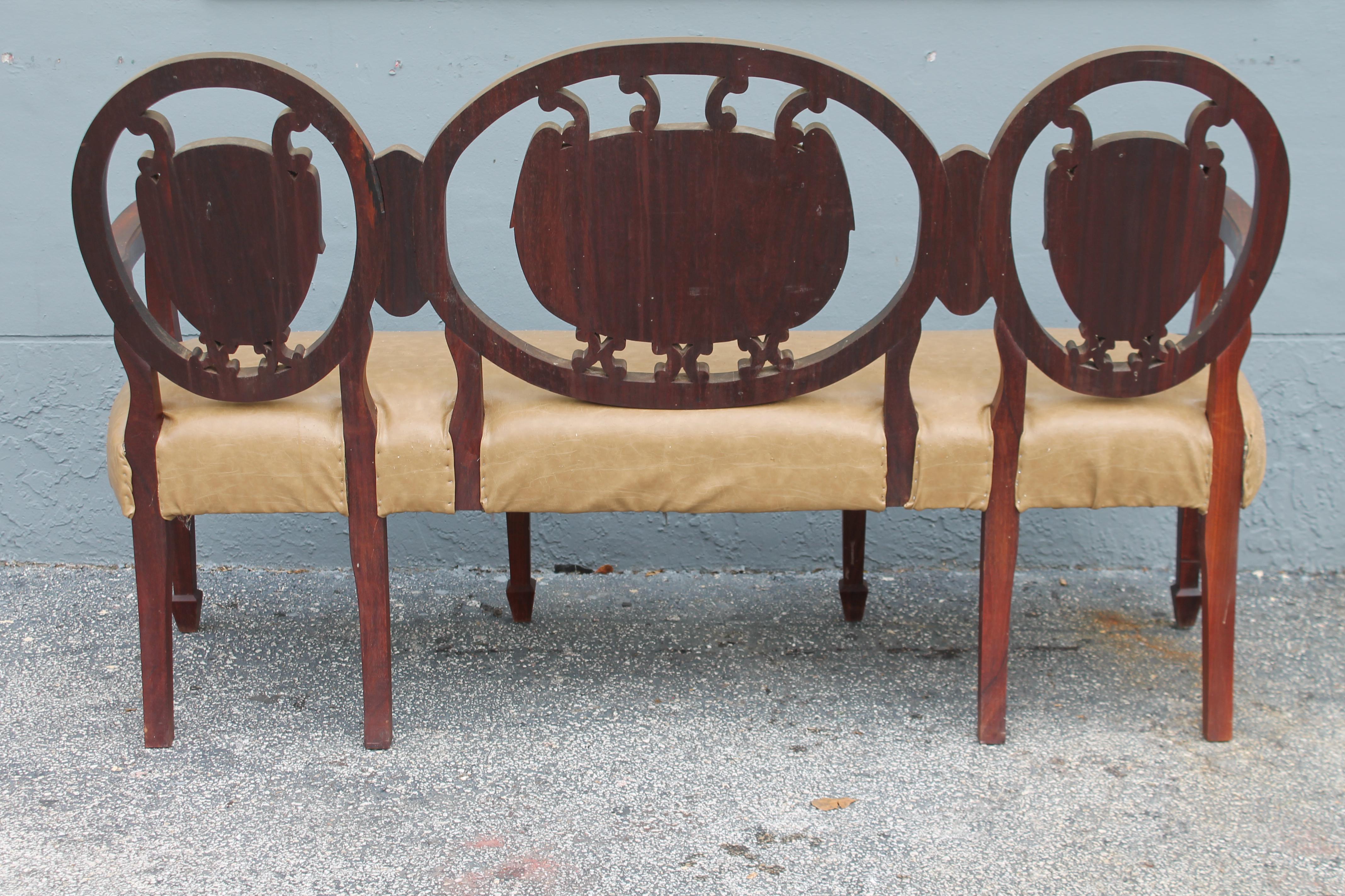 Mid-20th Century Traditional Asian Influenced Solid Dark Wood Carved Bench / Sofa 1940's For Sale