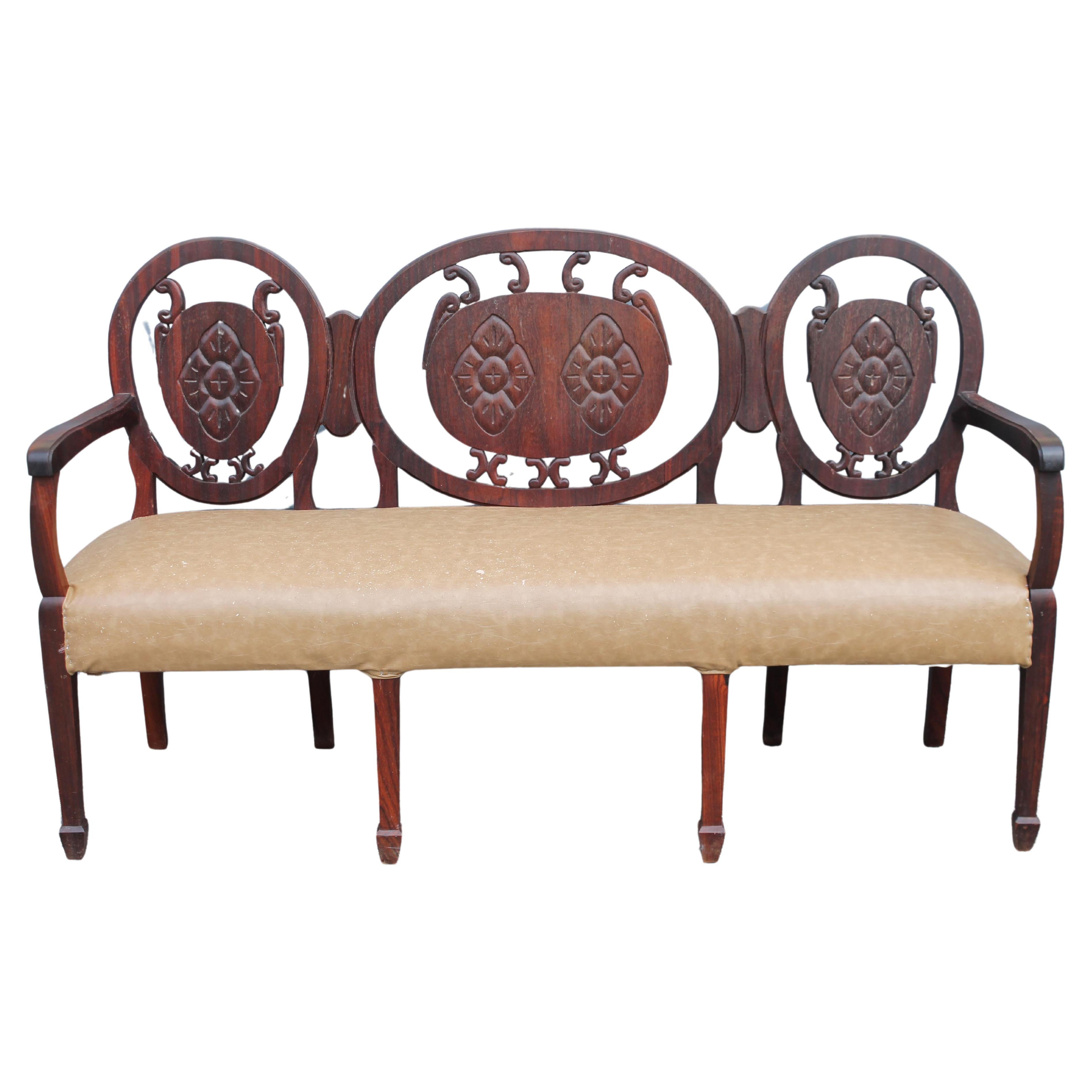 Traditional Asian Influenced Solid Dark Wood Carved Bench / Sofa 1940's