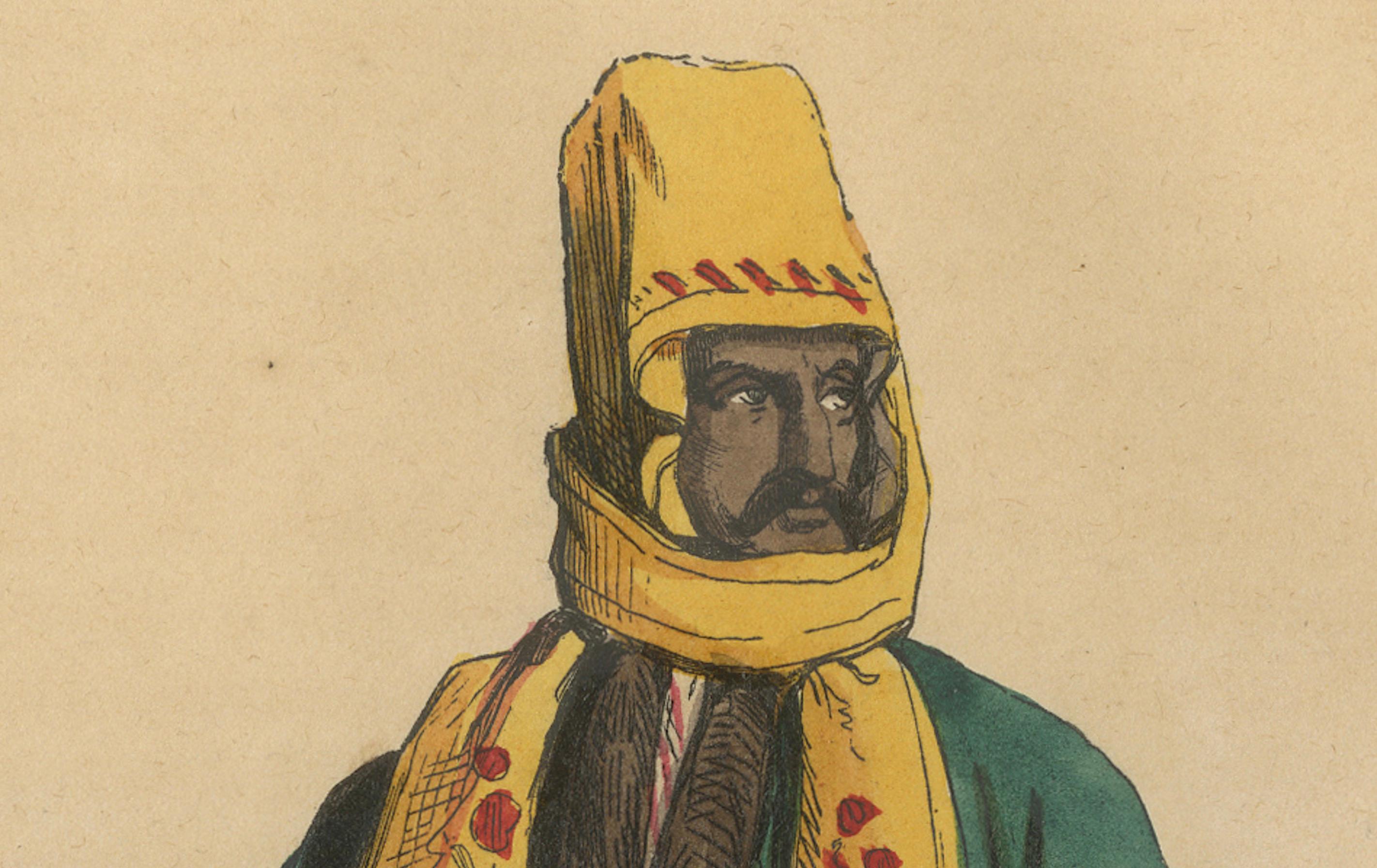 Metà XIX secolo Abbigliamento tradizionale di un uomo di Mardin in Turchia in una litografia del XIX secolo in vendita