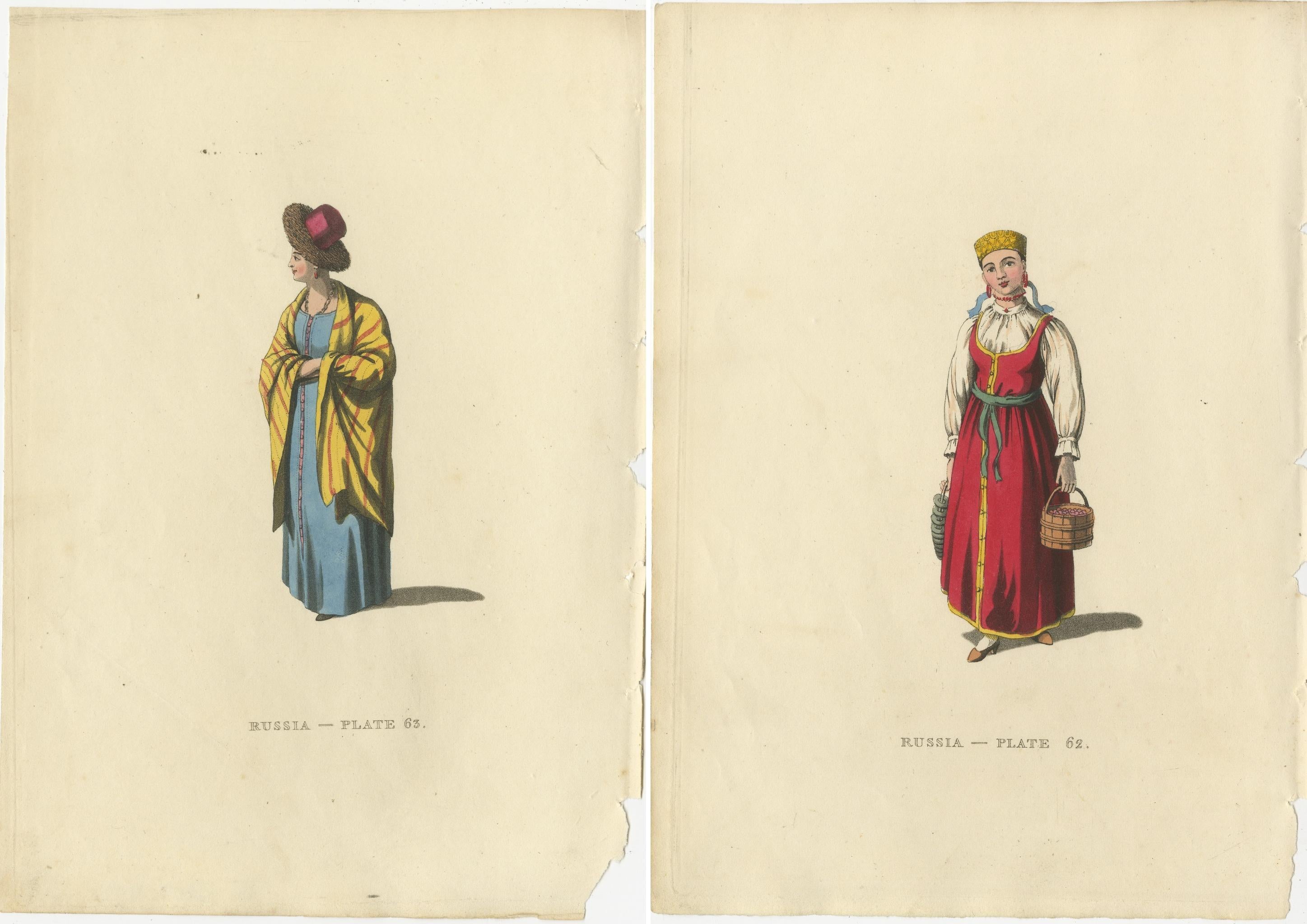 The images are hand-colored engravings from an early 19th-century publication that offers a visual representation of the traditional dress and customs of the Russian people. They are from 