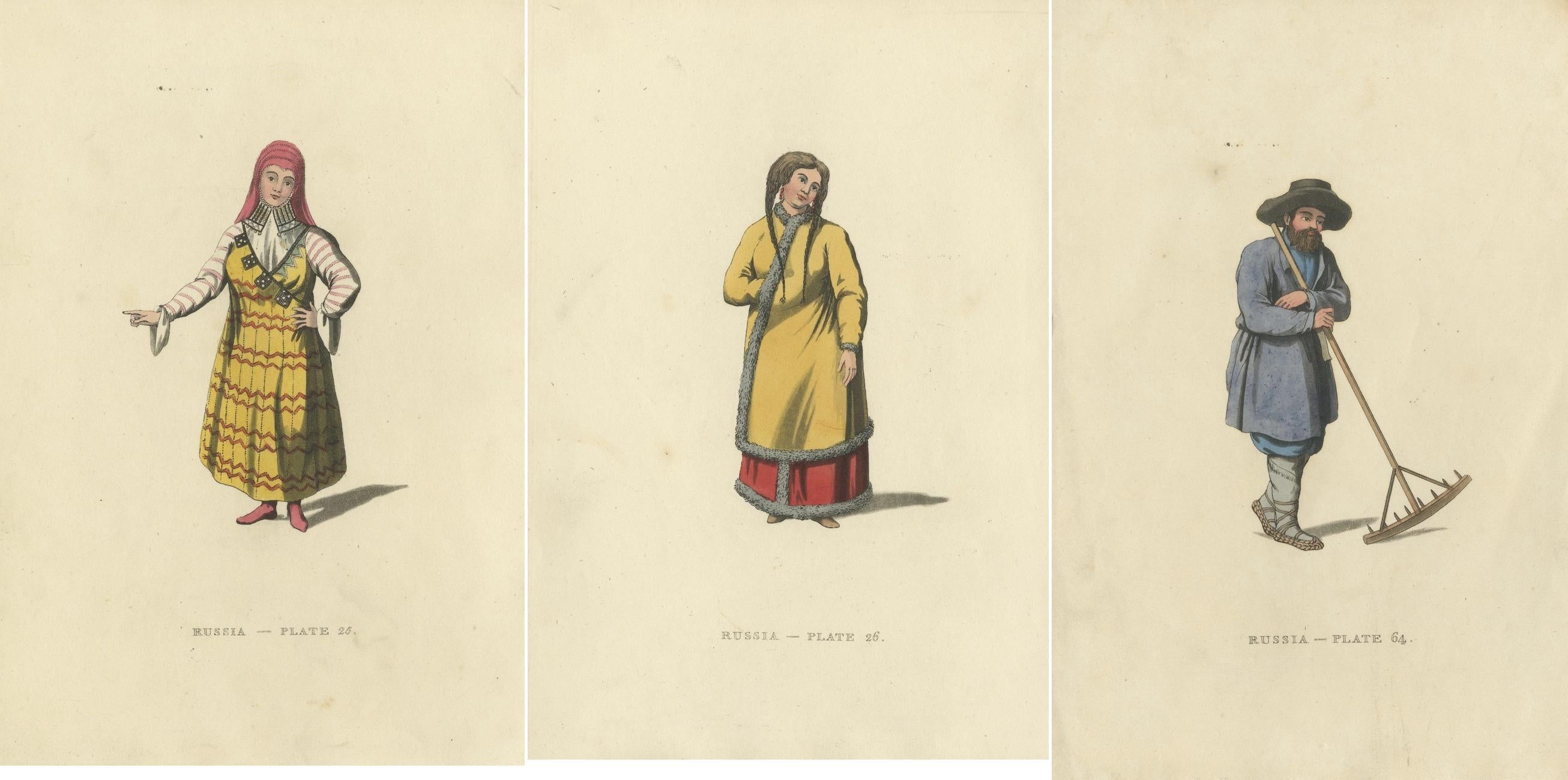 Paper Traditional Attires of Early 19th Century Russia: A Visual Record in Engravings For Sale