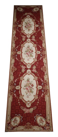 Traditional Aubusson Carpet Red Needlepoint Runner Handmade Floral Rug