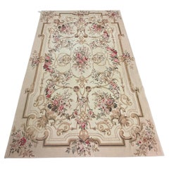 Vintage Traditional Aubusson Rug Cream Handwoven Carpet Wool Needlepoint Livingroom Rug 