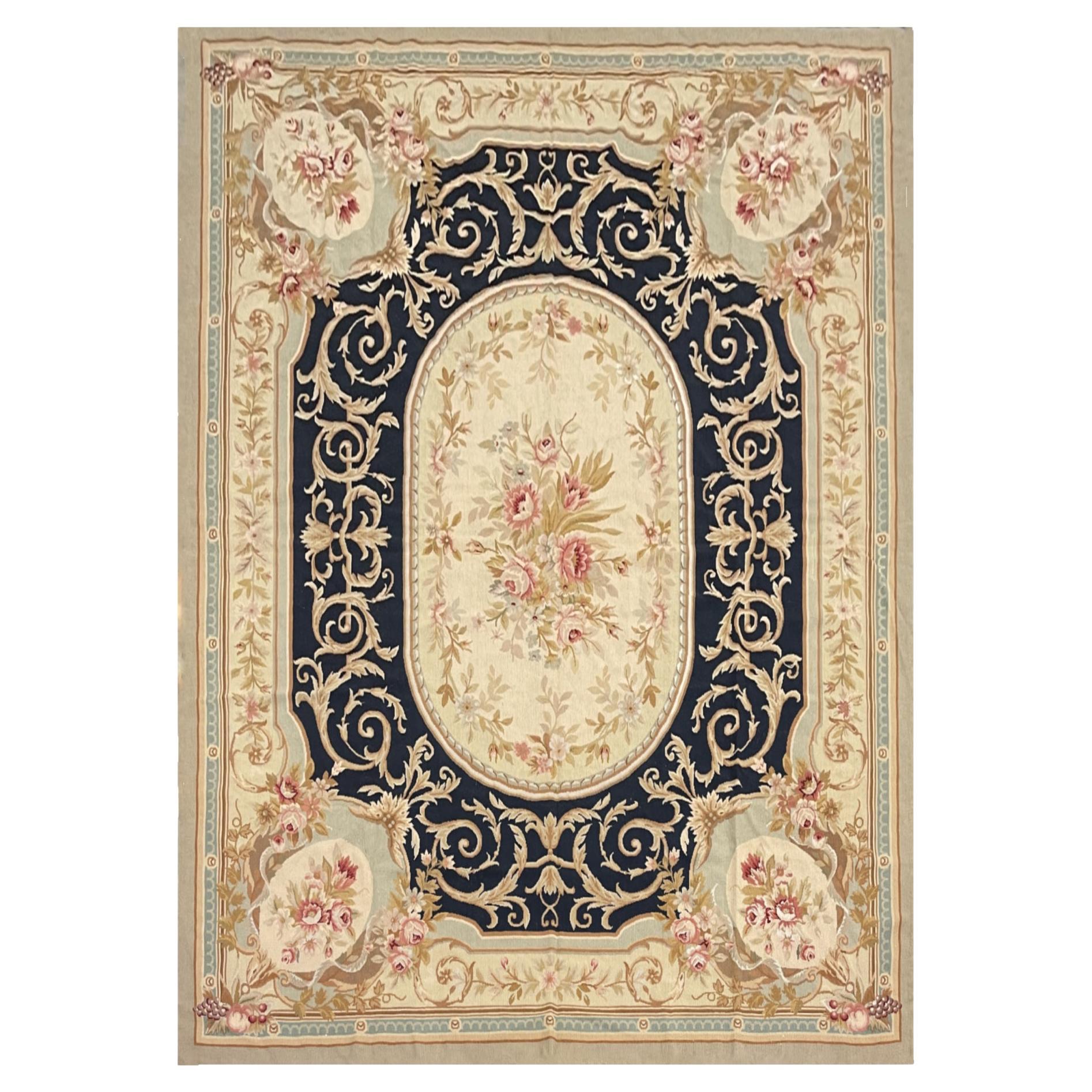 Traditional Aubusson Rug Handwoven Carpet Navy Blue Wool Needlepoint Home Decor For Sale