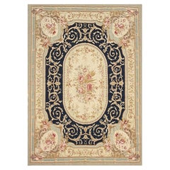 Traditional Aubusson Rug Handwoven Carpet Navy Blue Wool Needlepoint Home Decor