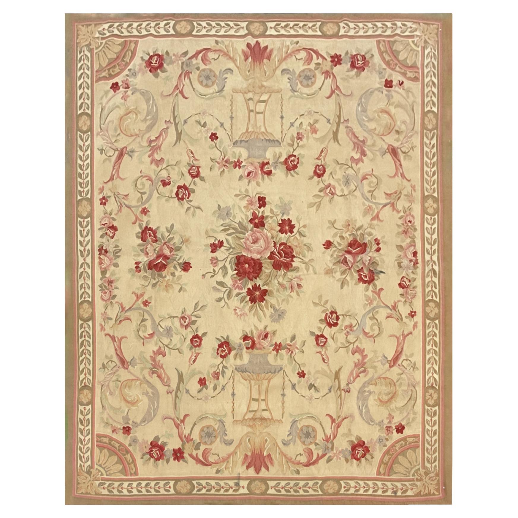Traditional Aubusson Rug Pink Beige Handwoven Floral Carpet Wool Livingroom Rug  For Sale
