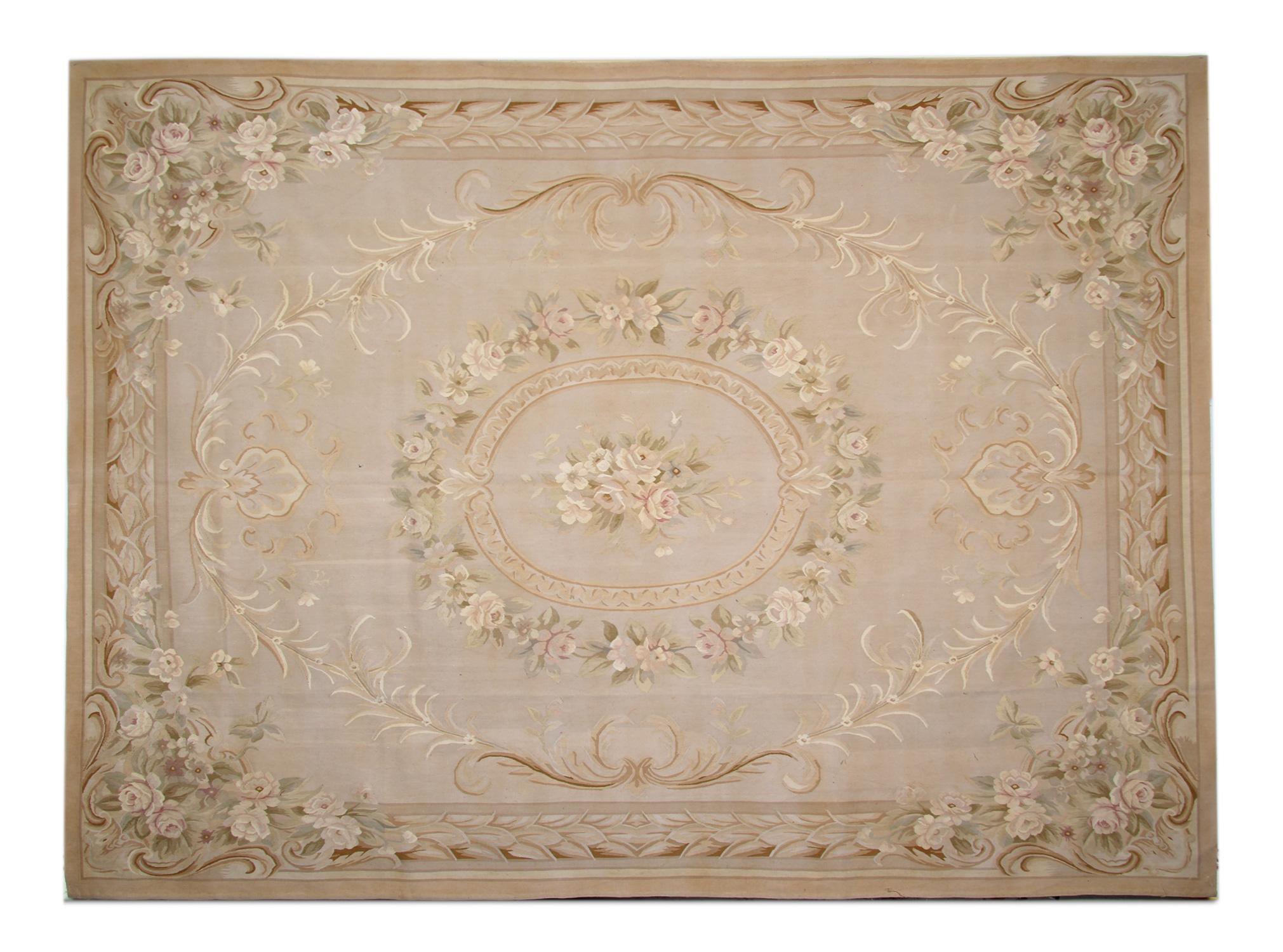 This fantastic area rug has been handwoven with a beautiful symmetrical floral design woven on a beige background with accents of cream green and ivory. Both the color and design of this elegant piece make it the perfect accent rug.
This style of
