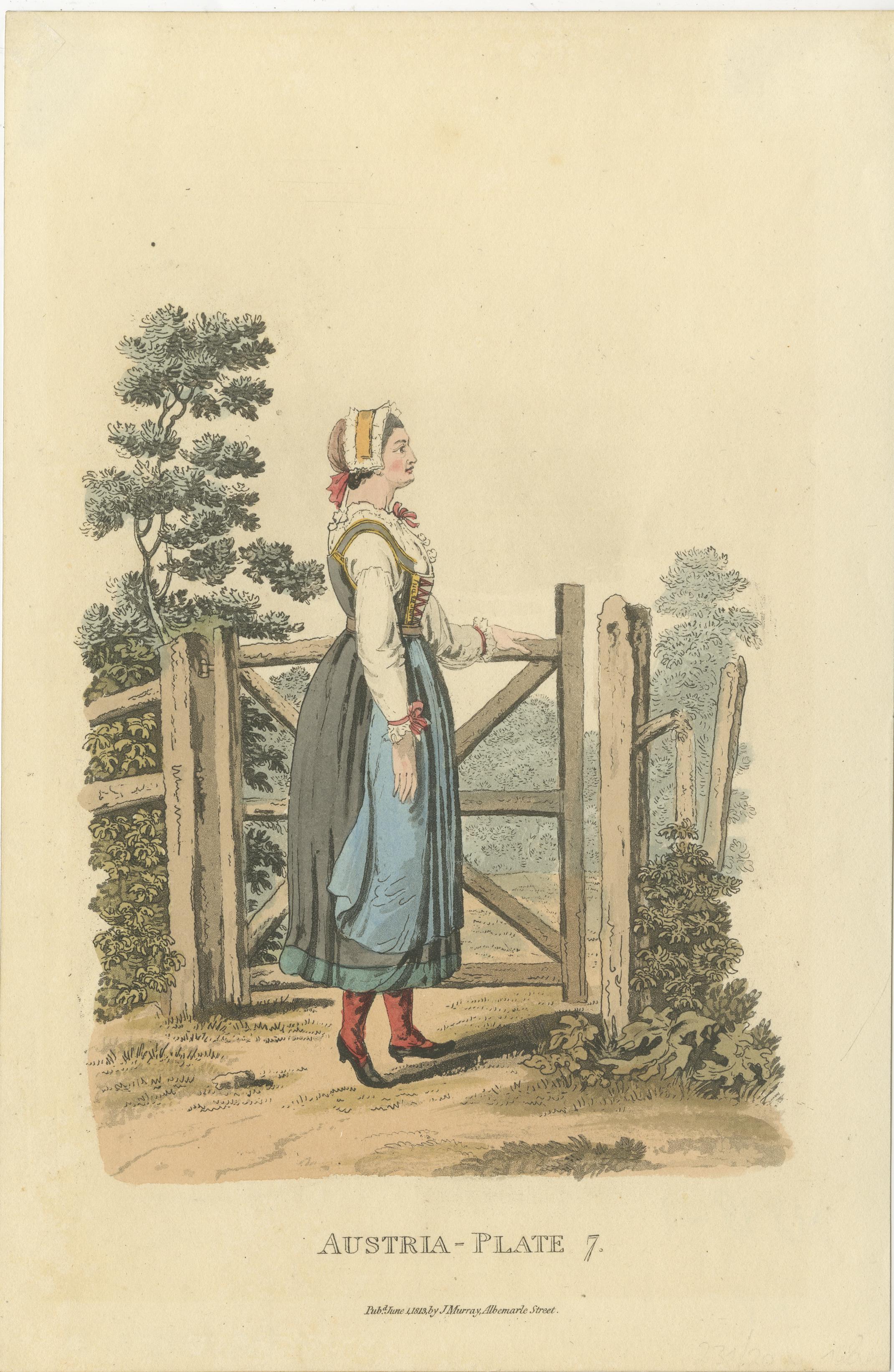 Traditional Austrian Folk Costumes: Vibrant Regency Era Fashion from 1804-1808  

This captivating set of three hand-colored engravings showcases traditional Austrian folk costumes from the early 19th century, beautifully rendered with exquisite