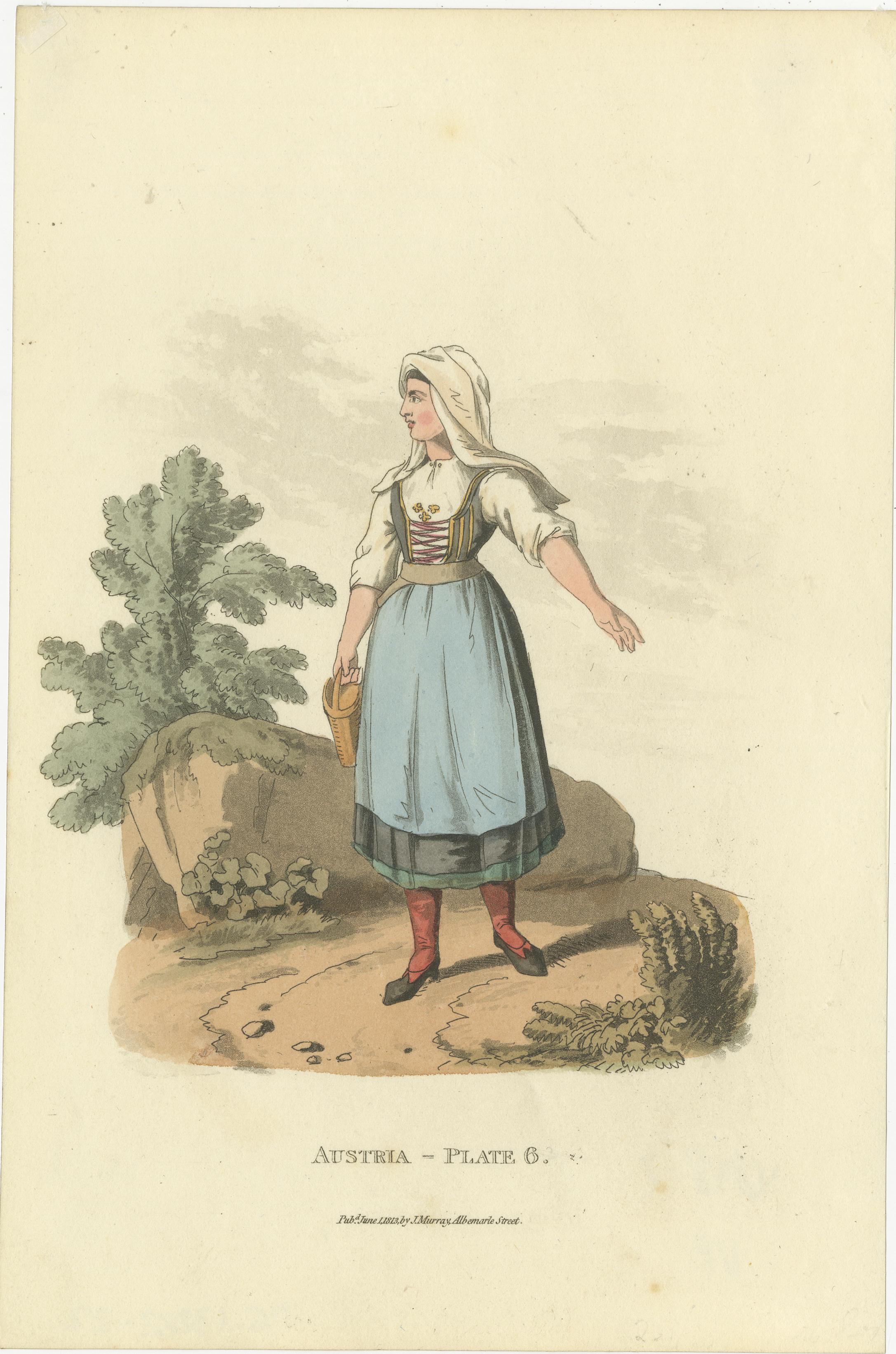 Engraved Traditional Austrian Folk Costumes: Vibrant Regency Era Fashion from 1804-1808 For Sale