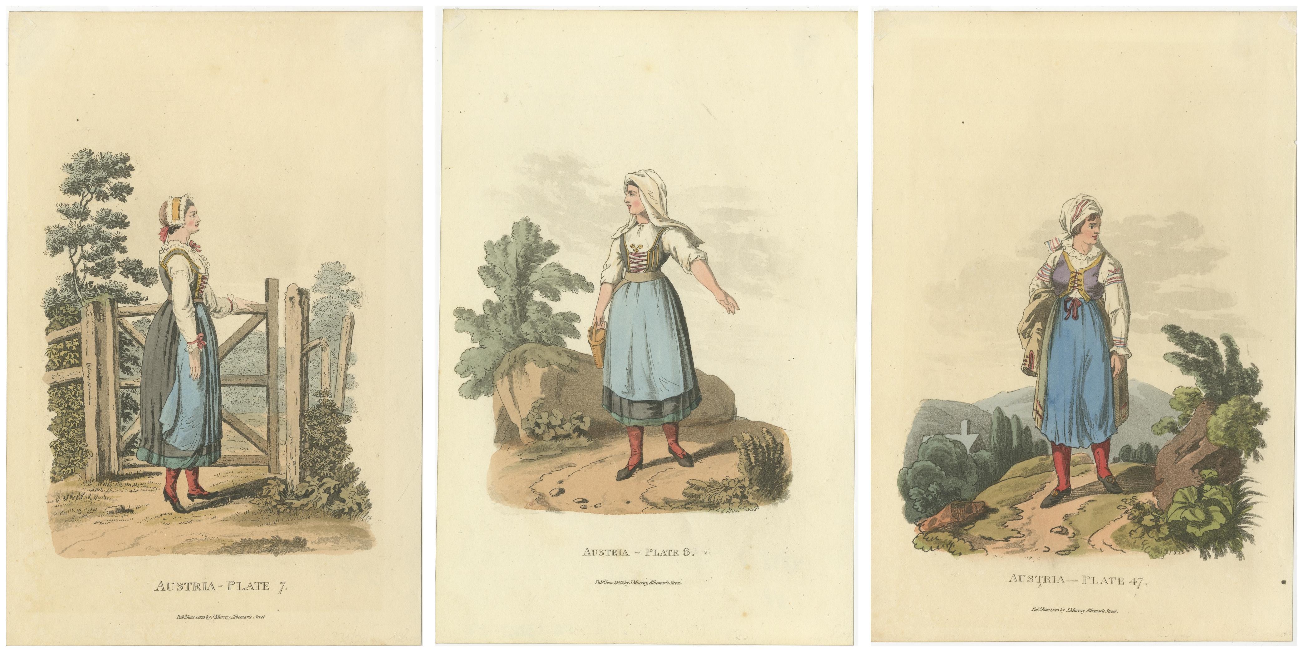 Early 19th Century Traditional Austrian Folk Costumes: Vibrant Regency Era Fashion from 1804-1808 For Sale