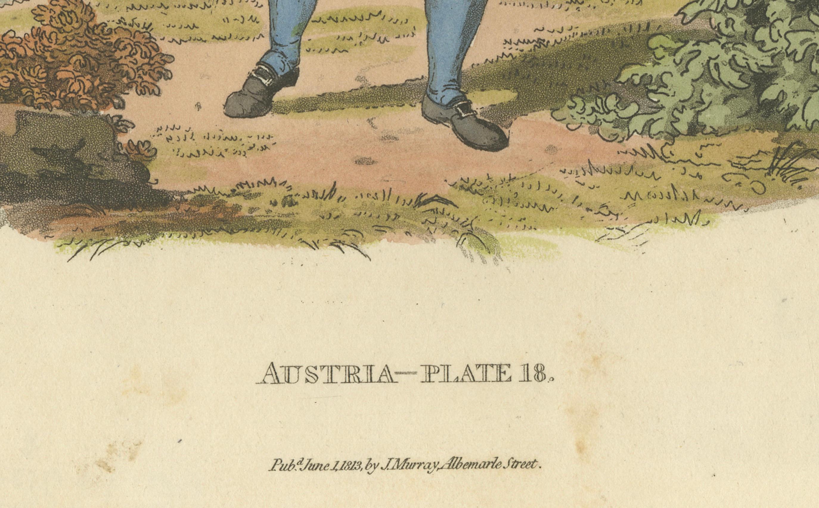 Traje Tradicional Austriaco Masculino: La Moda de la Época de la Regencia de 1804-1808  

Este cautivador grabado coloreado a mano de hacia 1804-1808 es la lámina 18 de una famosa serie de trajes tradicionales publicada por J. Murray de Albemarle