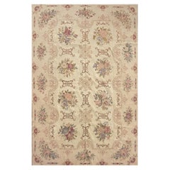Vintage Traditional Beige Aubusson Rug Handwoven Carpet Wool Needlepoint Livingroom Rug 