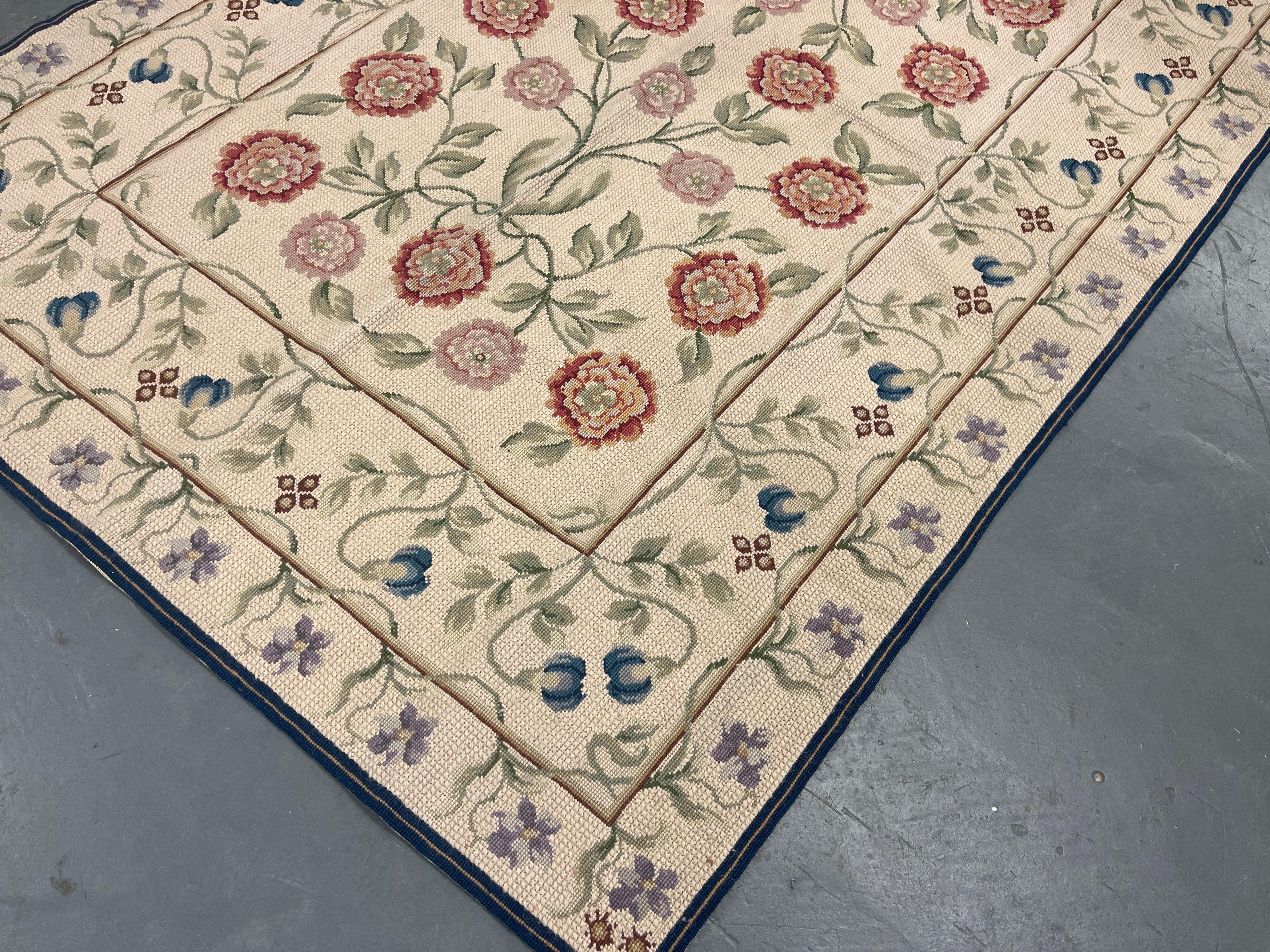 Hollywood Regency Traditional Beige Carpet Aubusson Rug Floral Handwoven Wool Needlepoint Rug For Sale