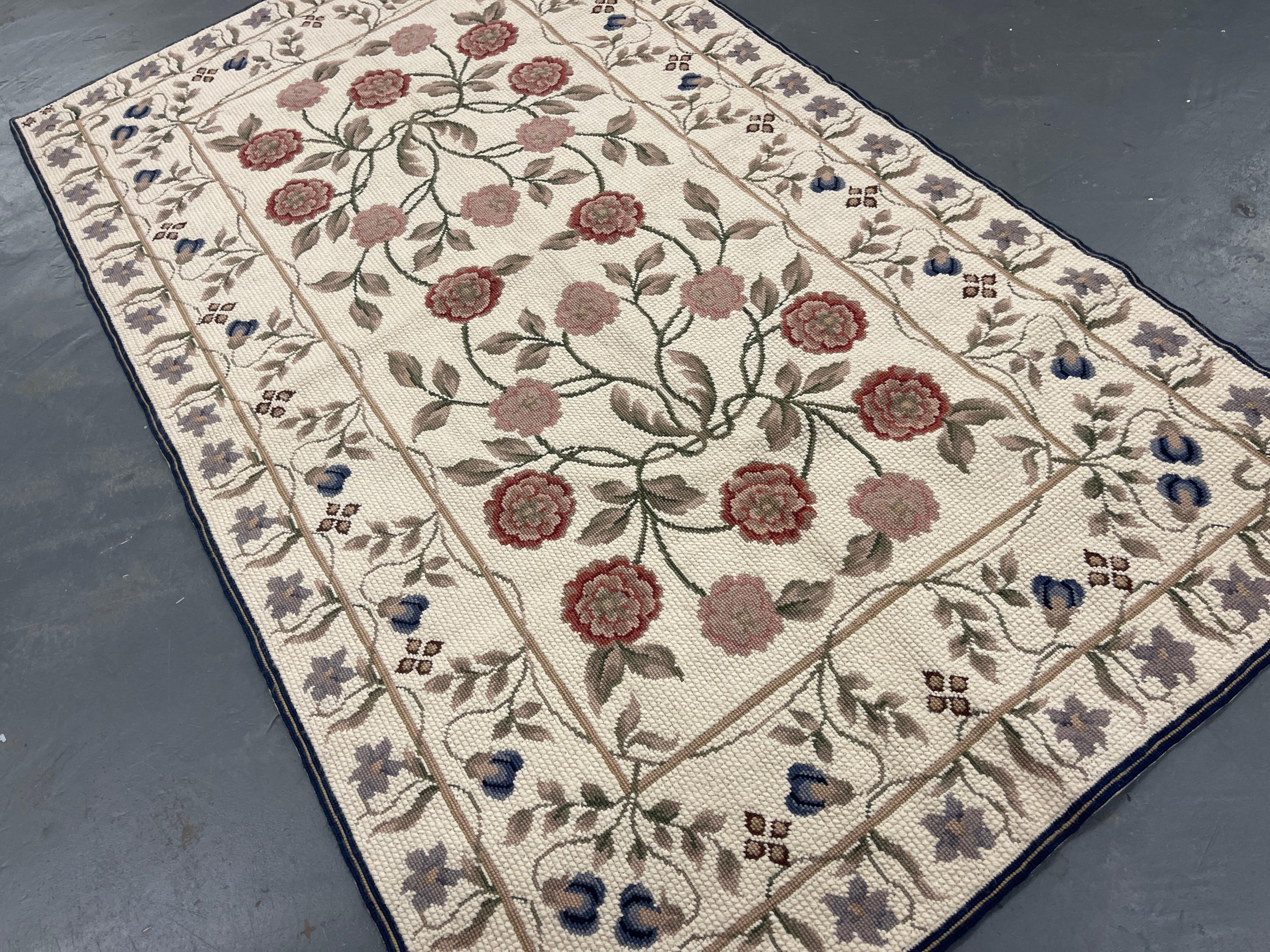 Hand-Knotted Traditional Beige Carpet Aubusson Rug Floral Handwoven Wool Needlepoint Rug For Sale