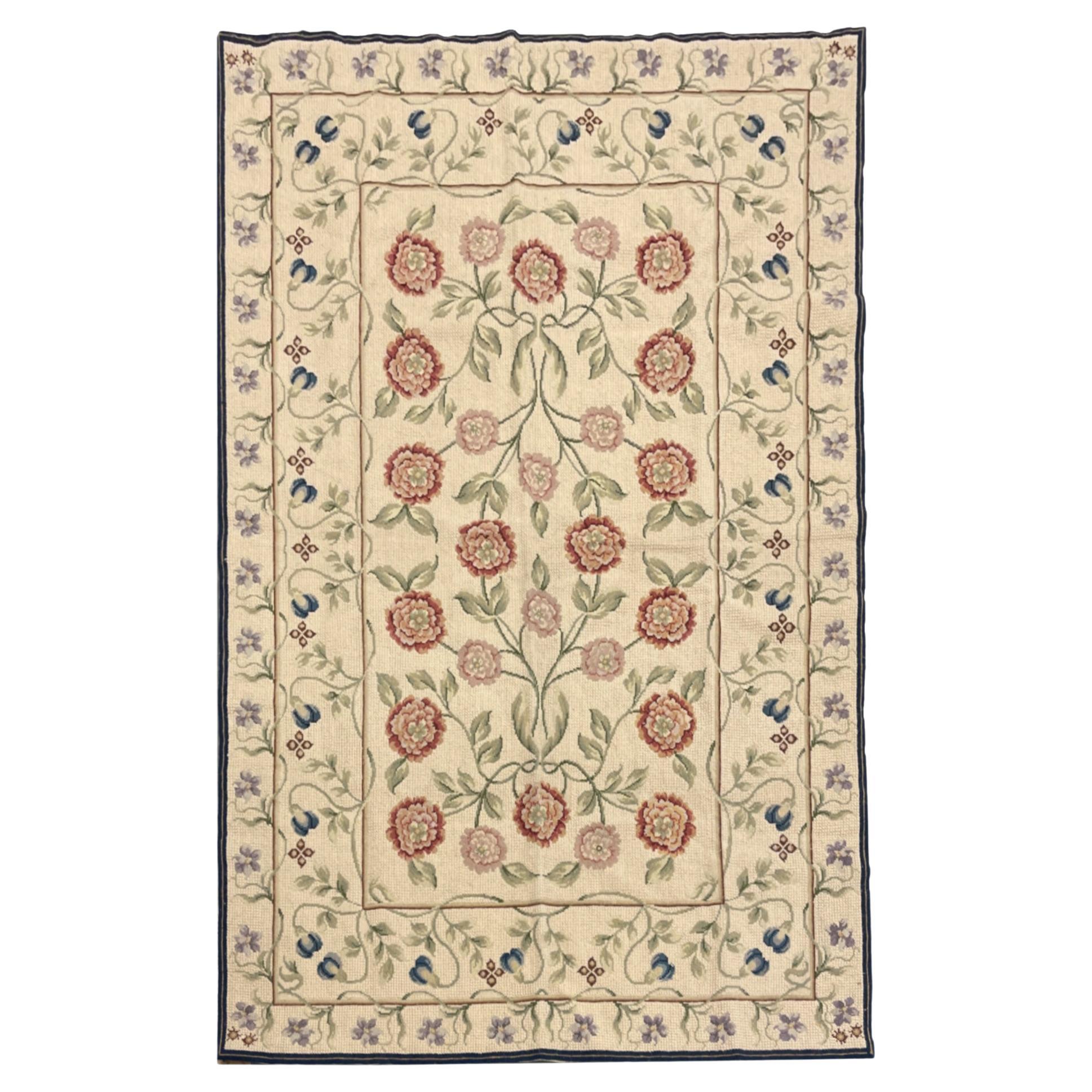 Traditional Beige Carpet Aubusson Rug Floral Handwoven Wool Needlepoint Rug