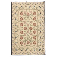 Vintage Traditional Beige Carpet Aubusson Rug Floral Handwoven Wool Needlepoint Rug