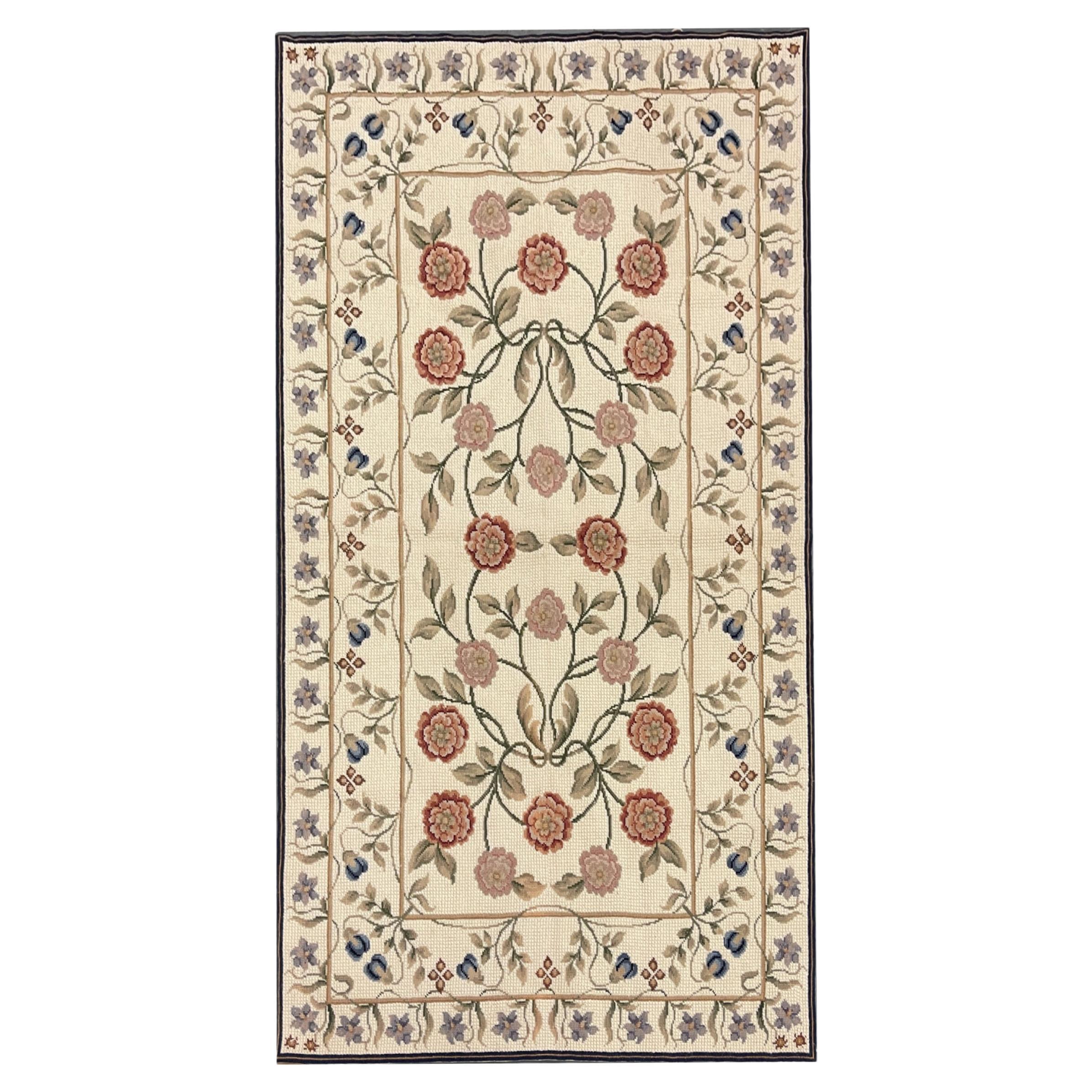 Traditional Beige Carpet Aubusson Rug Floral Handwoven Wool Needlepoint Rug For Sale