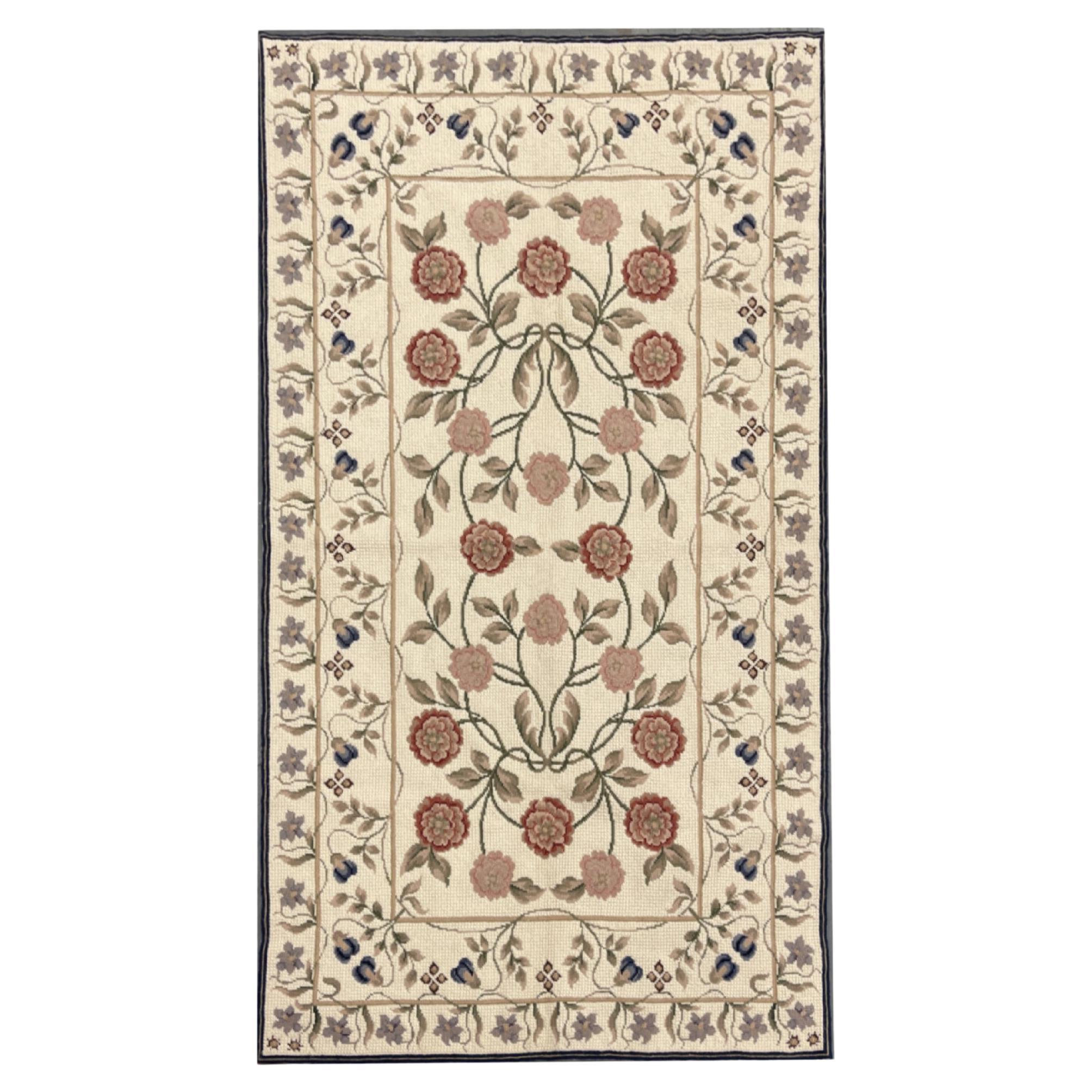 Traditional Beige Carpet Aubusson Rug Floral Handwoven Wool Needlepoint Rug