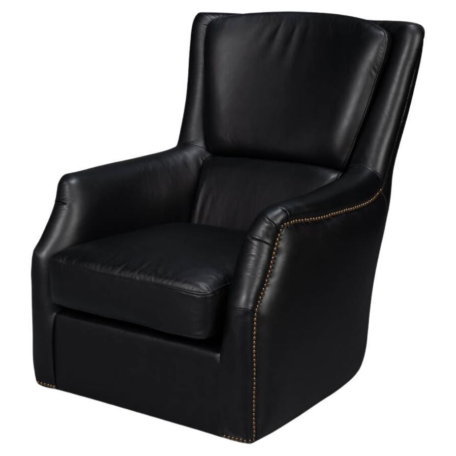 Traditional Black Leather Swivel Chair For Sale