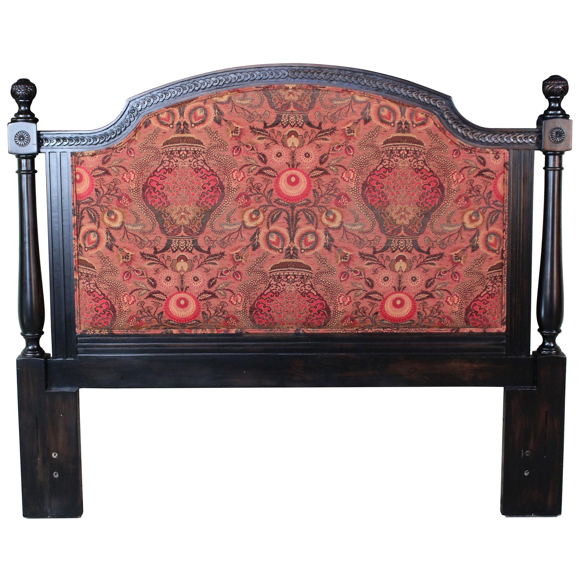Traditional Black Painted and Floral Upholstered Queen Size Headboard Vintage