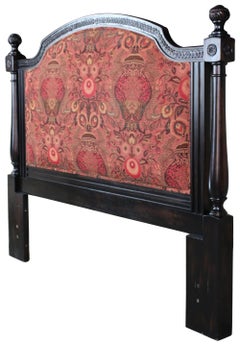 Traditional Black Painted and Floral Upholstered Queen Size Headboard Vintage