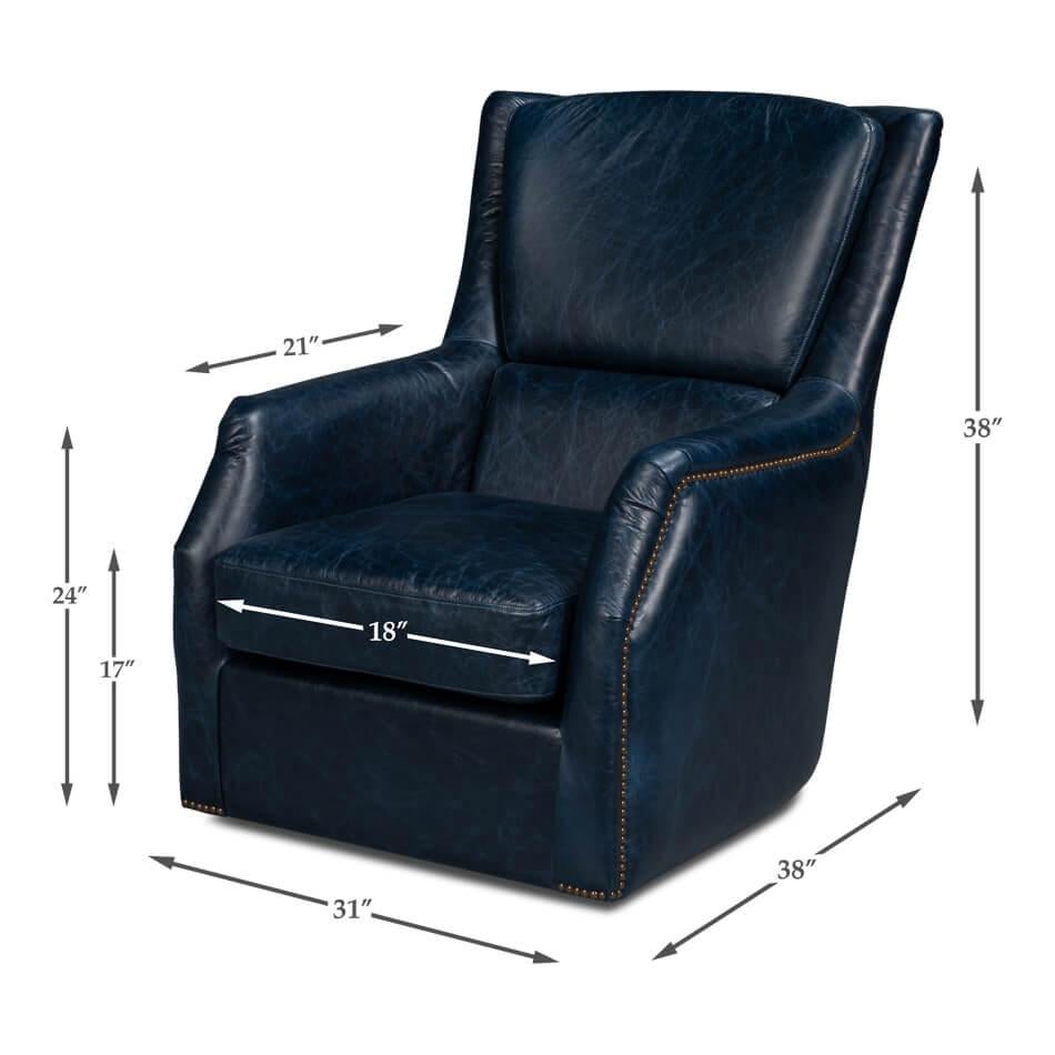 Traditional Blue Leather Swivel Chair For Sale 4