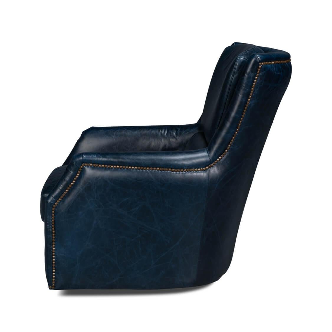American Classical Traditional Blue Leather Swivel Chair For Sale