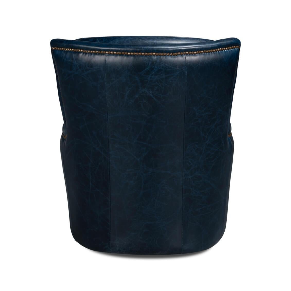 Asian Traditional Blue Leather Swivel Chair For Sale