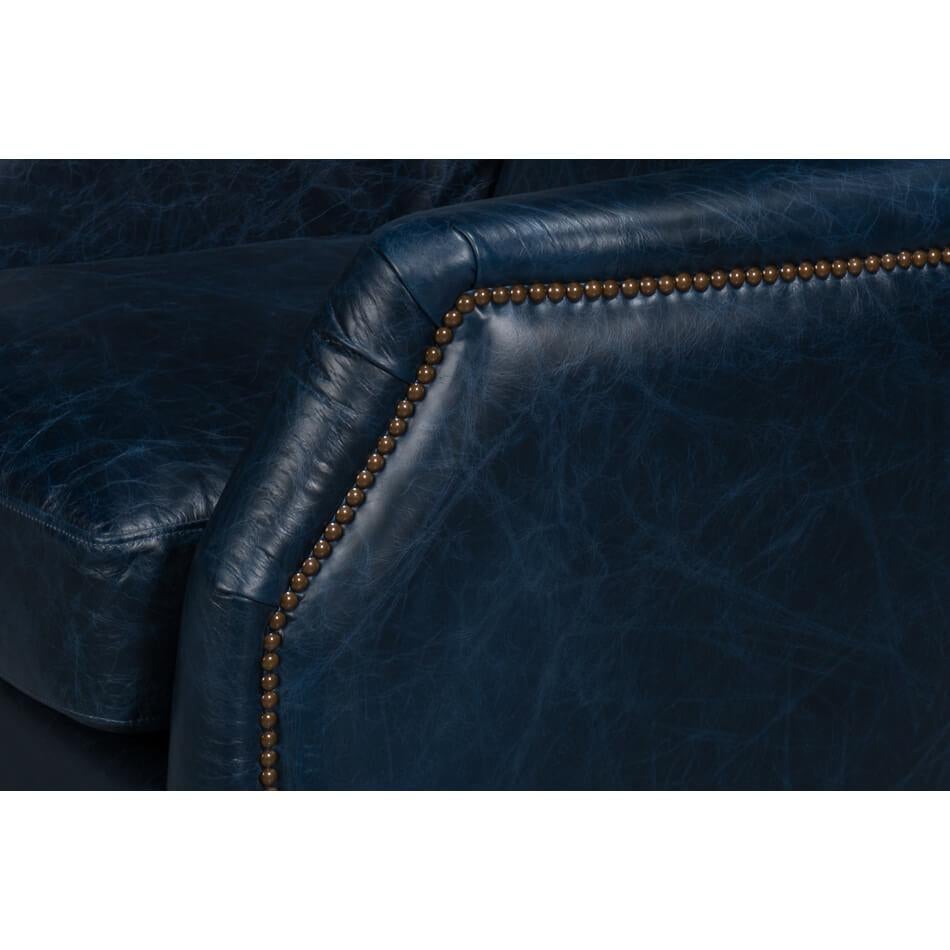 Contemporary Traditional Blue Leather Swivel Chair For Sale
