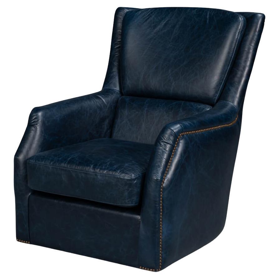 Traditional Blue Leather Swivel Chair