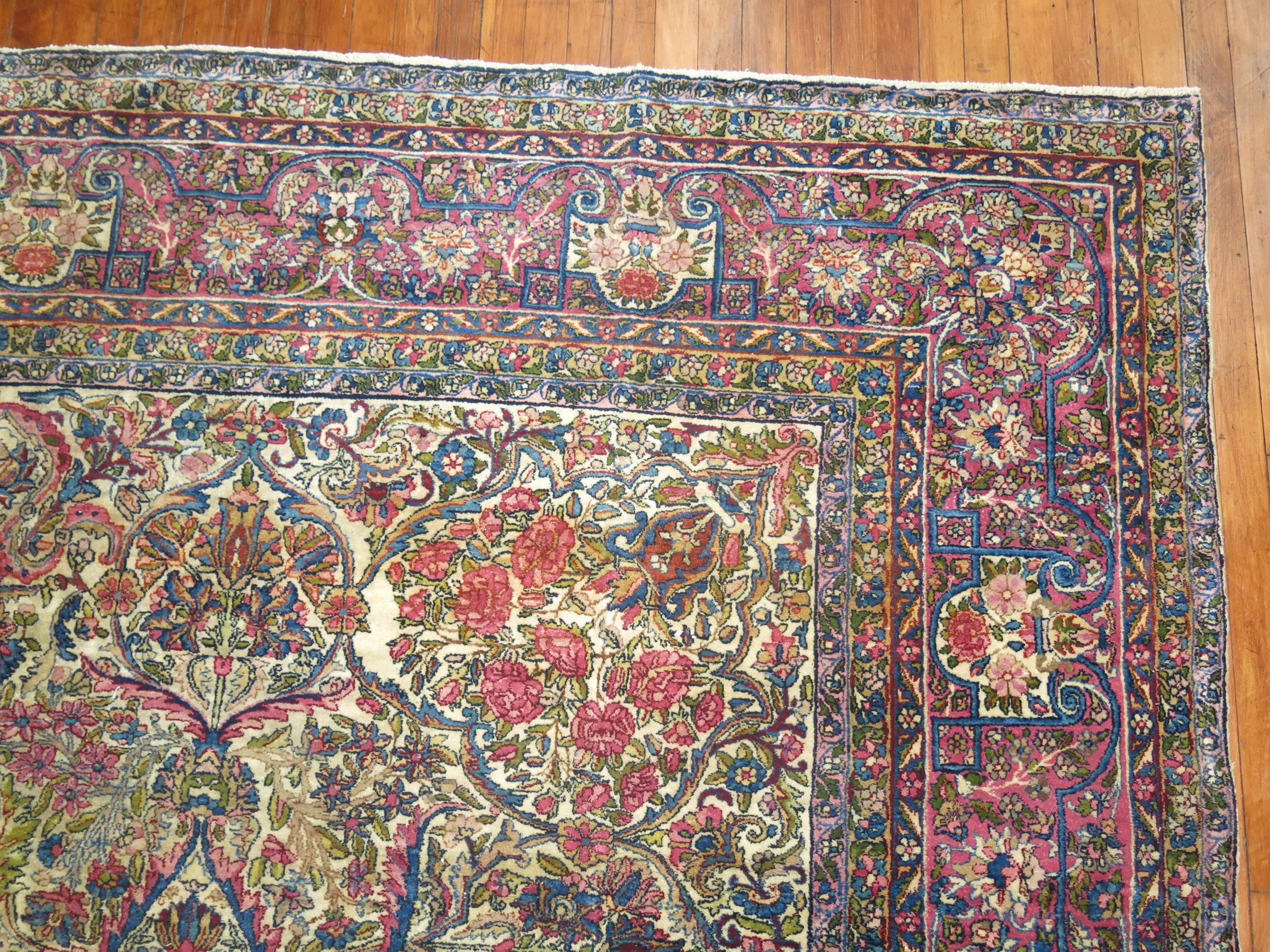 Hand-Woven Zabihi Collection Traditional Blue Pink Formal Kerman Large Rug For Sale