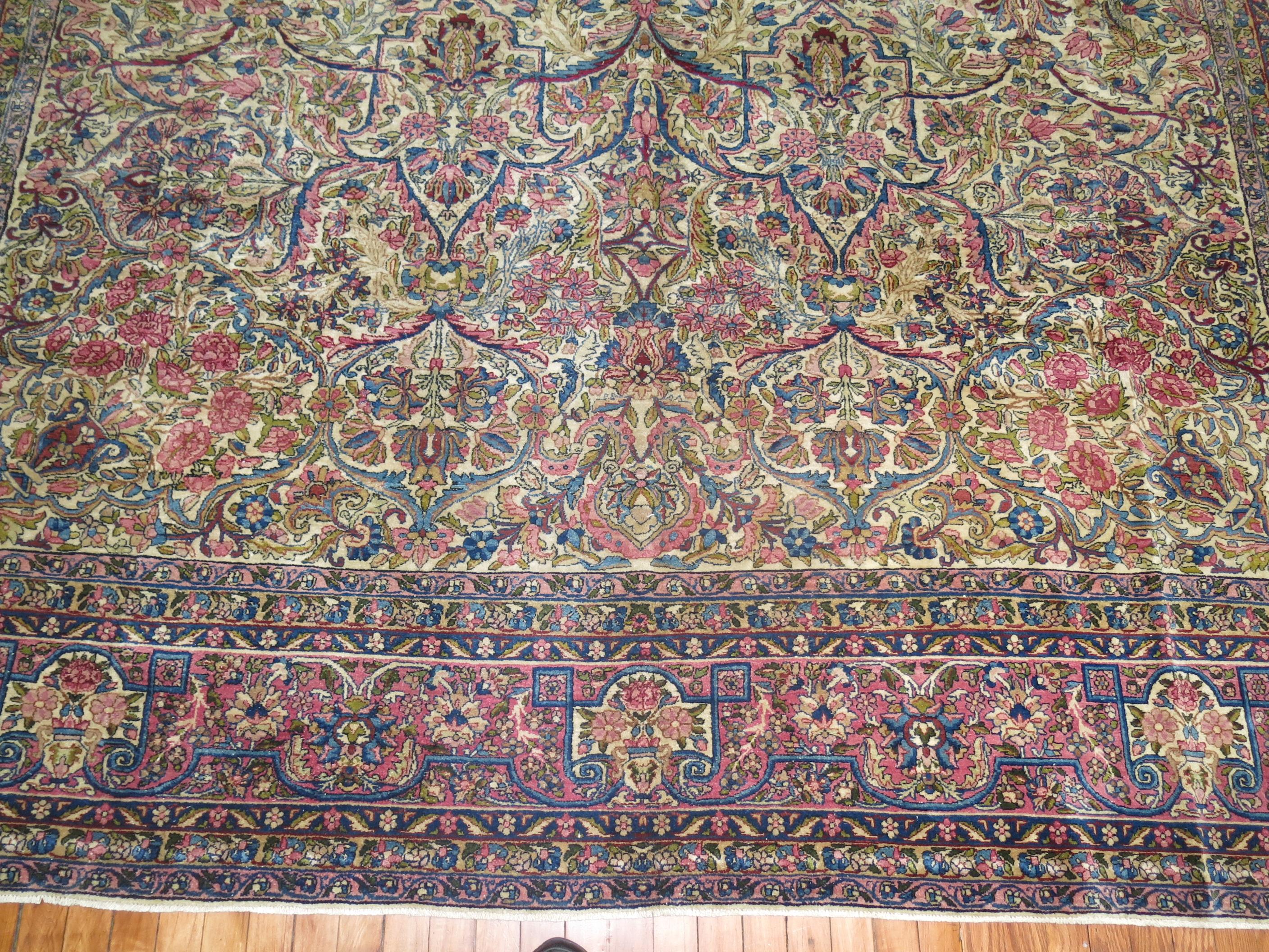 Zabihi Collection Traditional Blue Pink Formal Kerman Large Rug In Good Condition For Sale In New York, NY