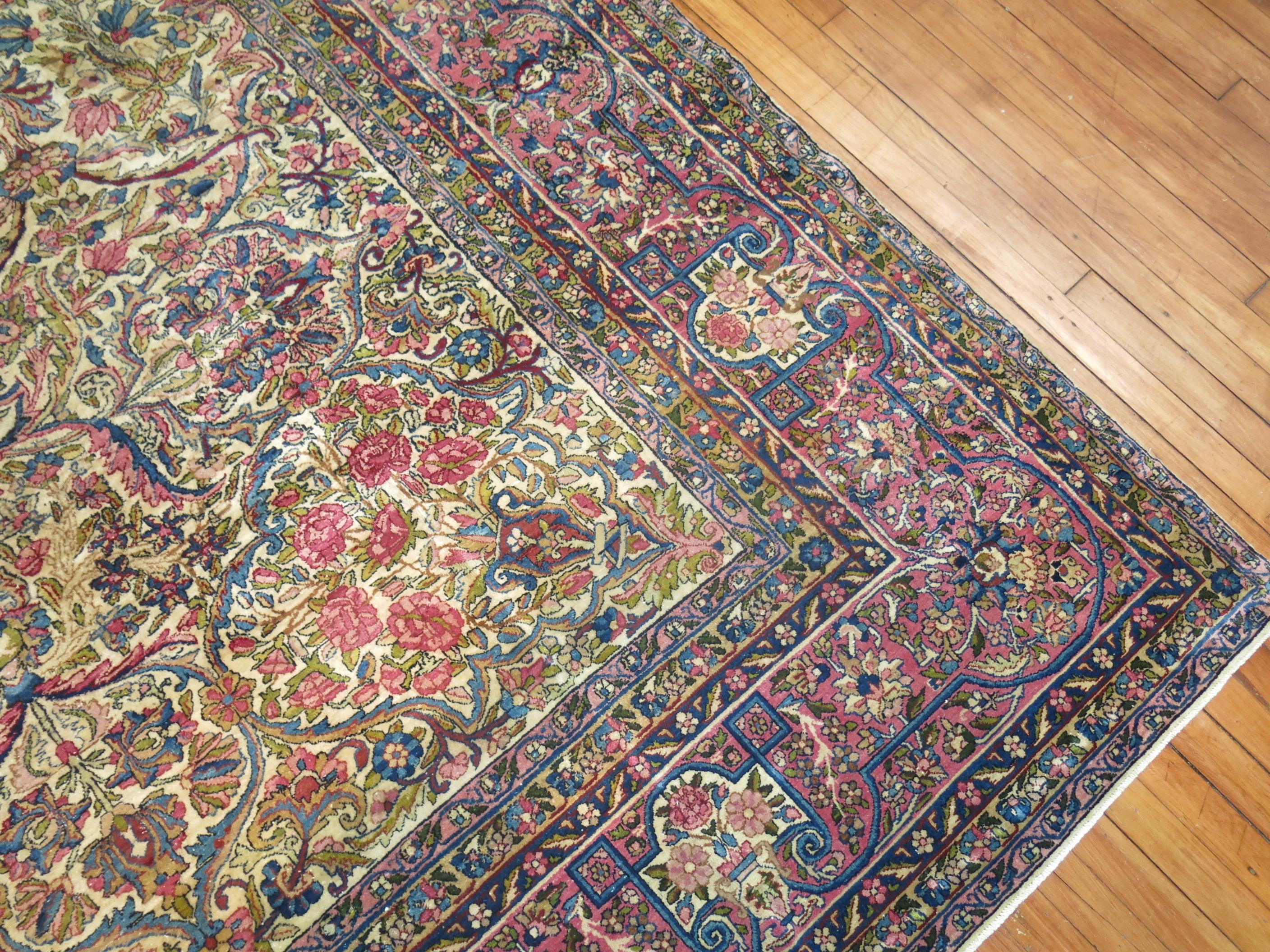 20th Century Zabihi Collection Traditional Blue Pink Formal Kerman Large Rug For Sale