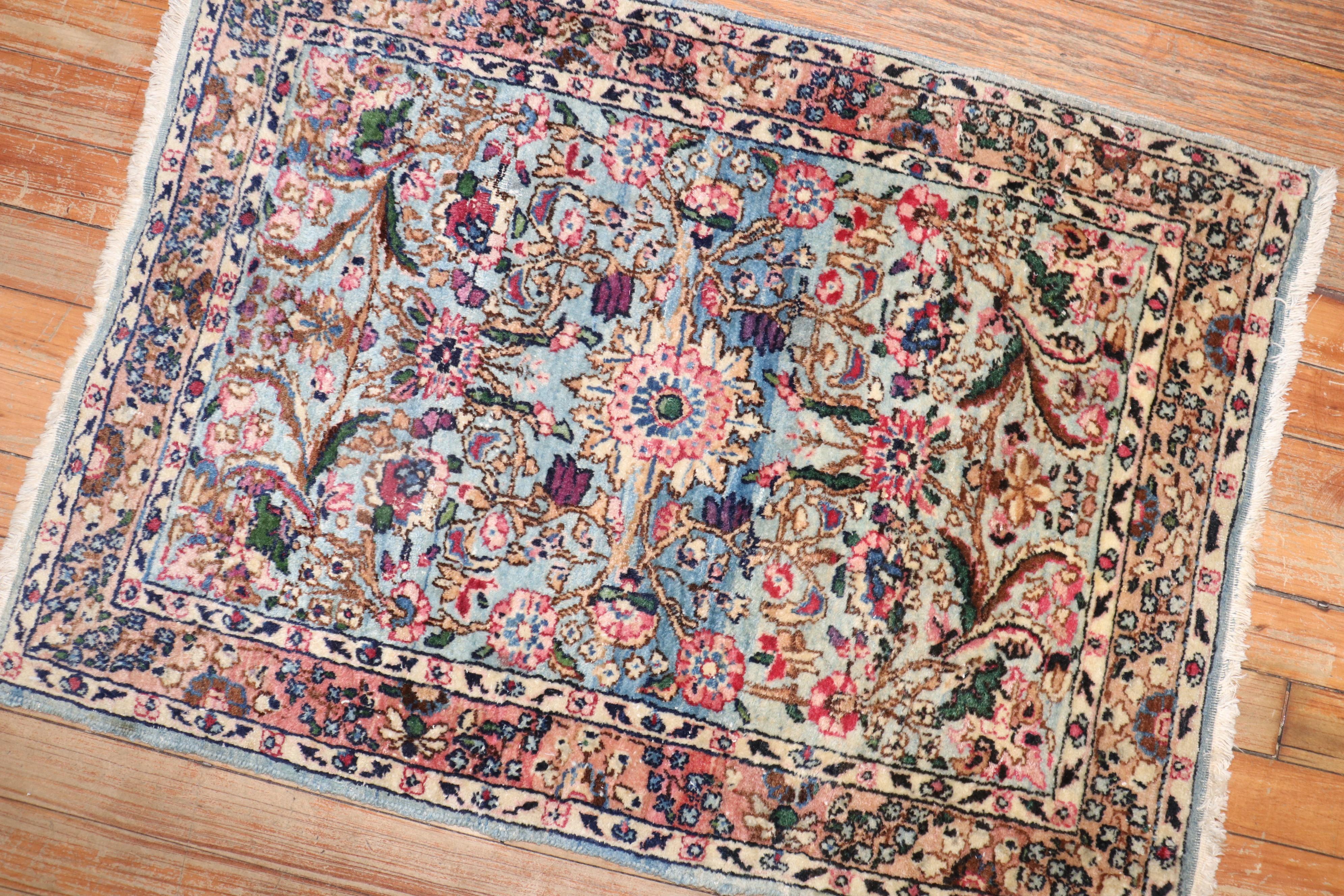 Hand-Woven Traditional Blue Pink Formal Kerman Mat Rug For Sale