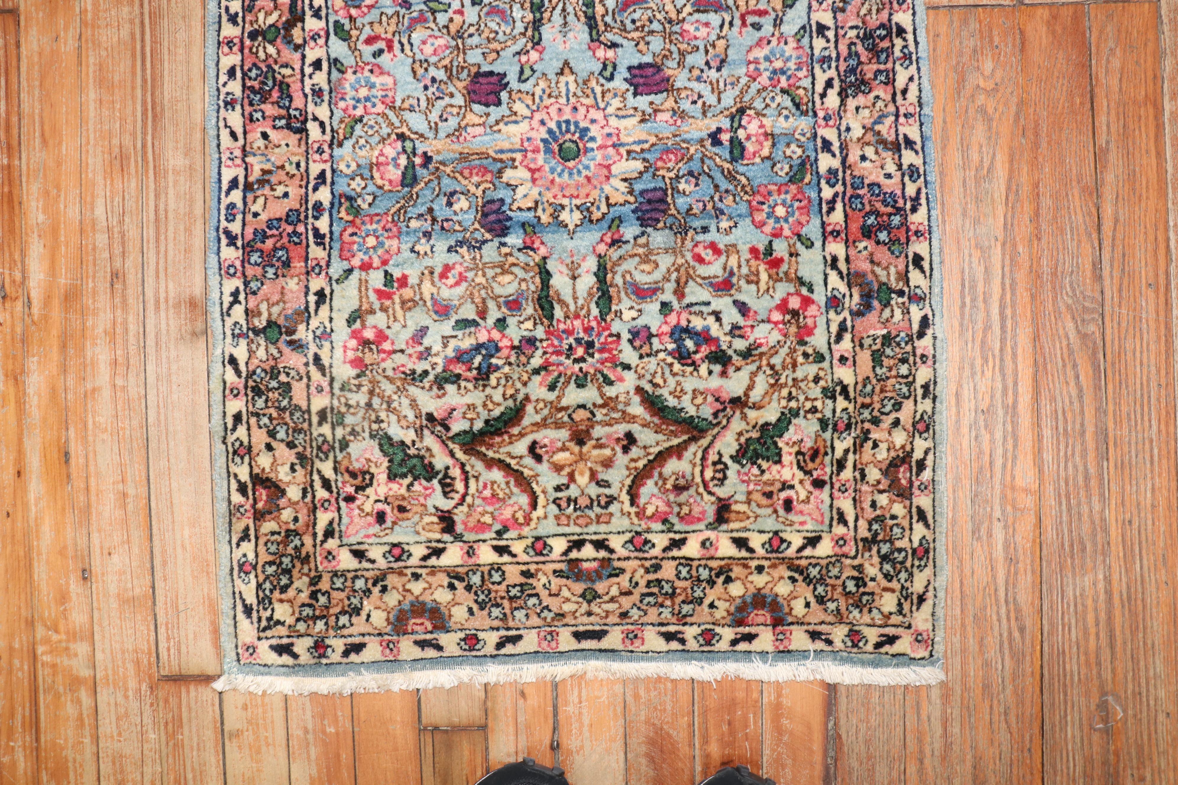 Traditional Blue Pink Formal Kerman Mat Rug In Good Condition For Sale In New York, NY
